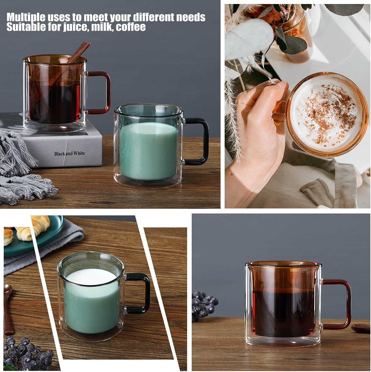 CASOTA Kaffeetassen aus Glas, 2er-Set, doppelwandiges Design, Glas, Tee, Kaffee, Milchbecher mit Griffen, isolierte doppelwandige Gläser, hitzebeständige Thermobecher for Cappuccino Latte Tee