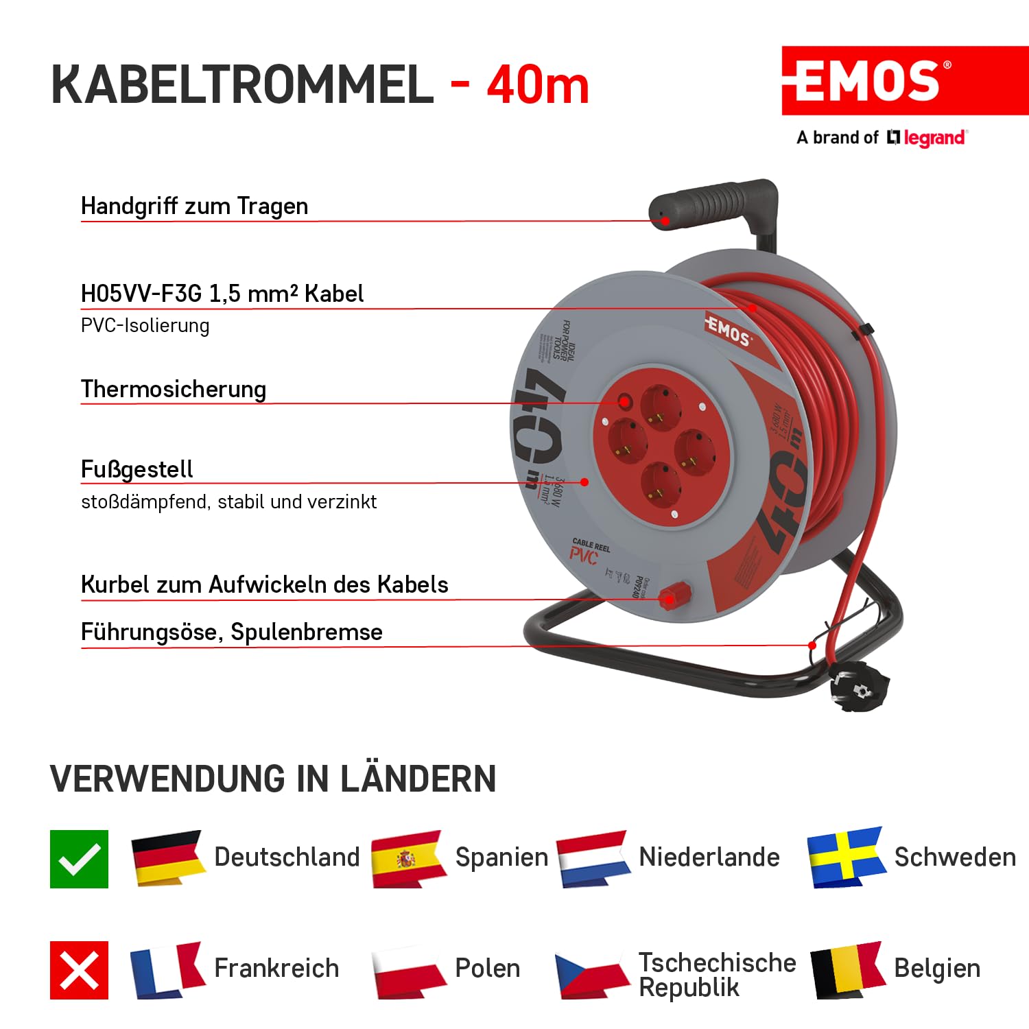 Emos - Tambor de Cable Profesional, Cable de 40 m con 4 enchufes, Enchufe de 1,5 mm, plástico Especial, Uso en Interiores (para casa/Taller/caravanas)
