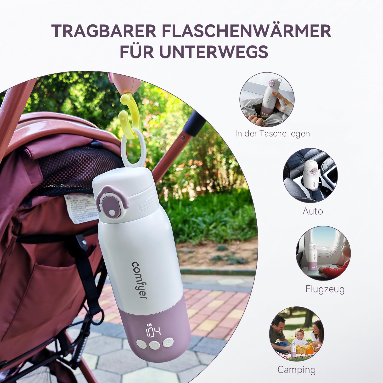 Tragbarer Flaschenwärmer unterwegs für Baby,Schnelles Aufheizen und Lange Akkulaufzeit 12000mAh, Zwei Heizmodi für Muttermilch und Wasser, 340ml Kapazität, für Auto-und Flugzeugreisen