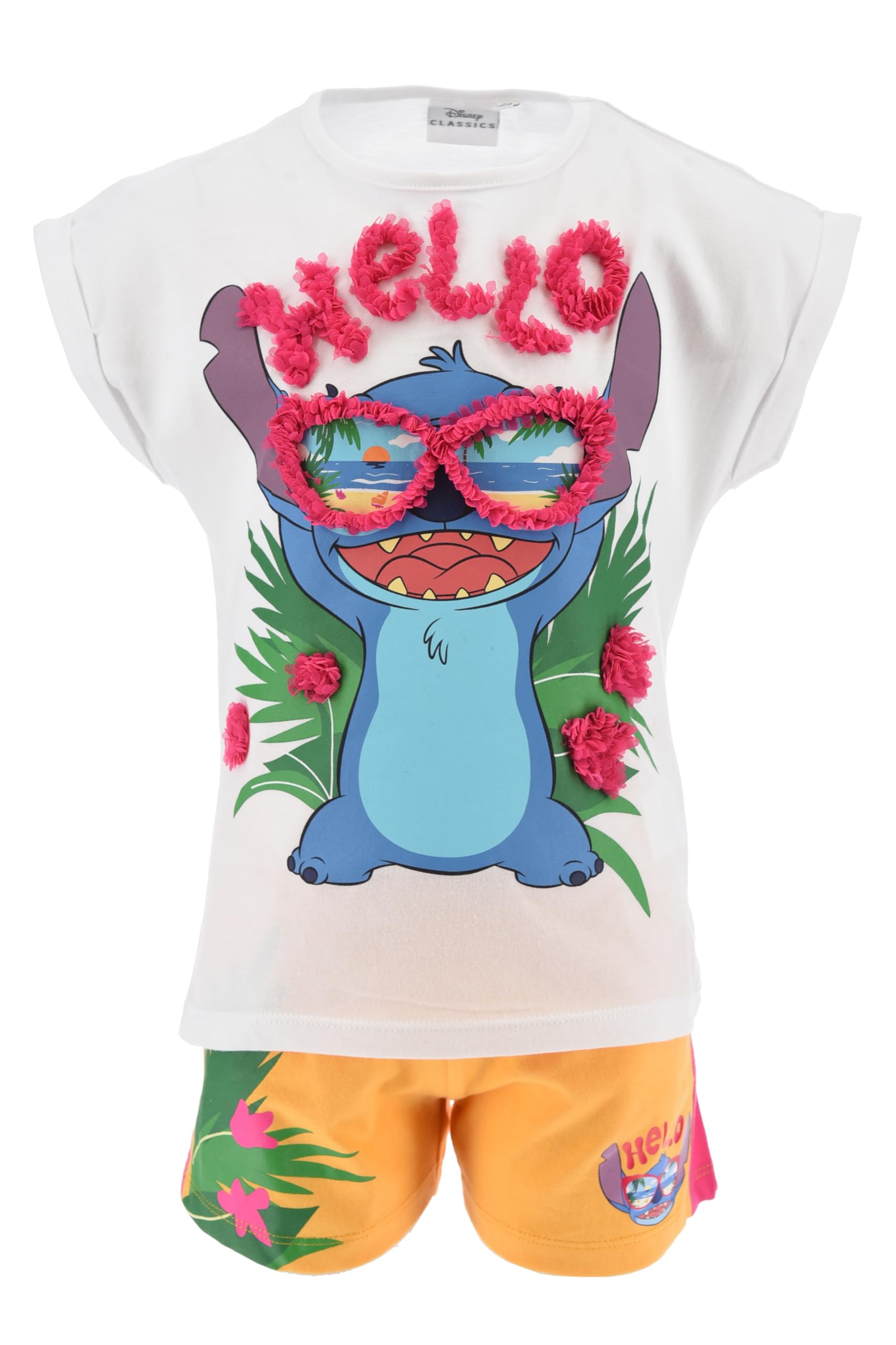Disney Stitch Camiseta y Pantalón Corto para Niña, Pijama Algodón Suave, Hello' Stitch Conjunto 2 Piezas Verano, Tallas 6 a 12 Años
