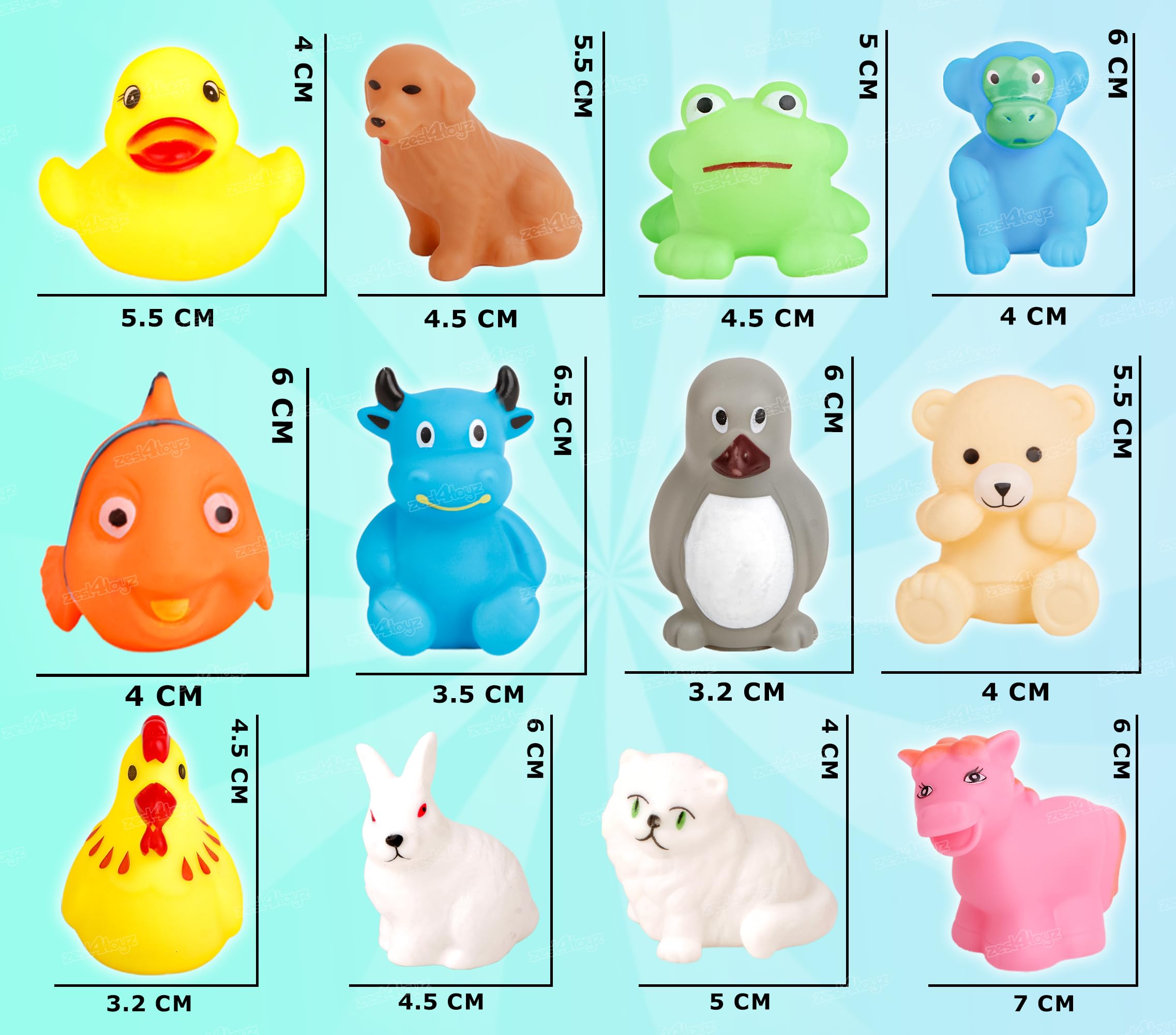 Zest 4 Toyz Floating Baby Toys Chu Chu Sound Toy for Kids Bath Non Toxic Rubber Squeez Sound Bathing Toy for Toddlers (Set of 12 Animals- Multicolor) 1