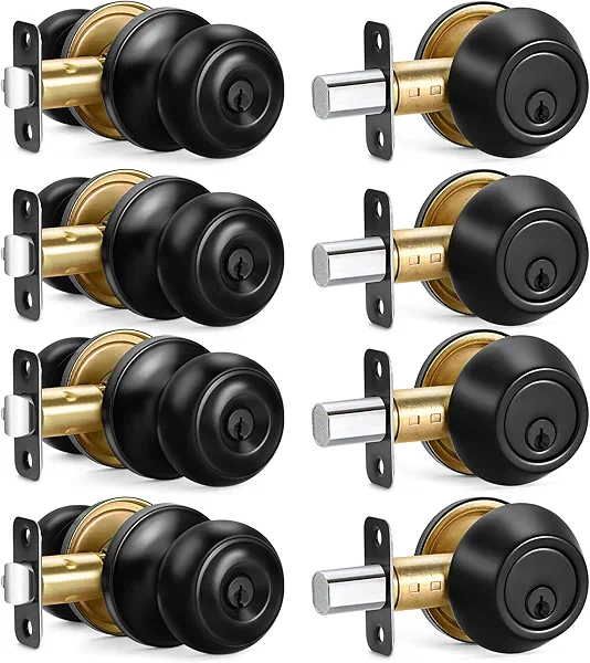 4 Sets Entry Door Knob and Single Cylinder Deadbolt Combo Set, Keyed Alike Round Ball Matte Black Exterior Door Knobs with Lock and Keys for Entrance and Front Door