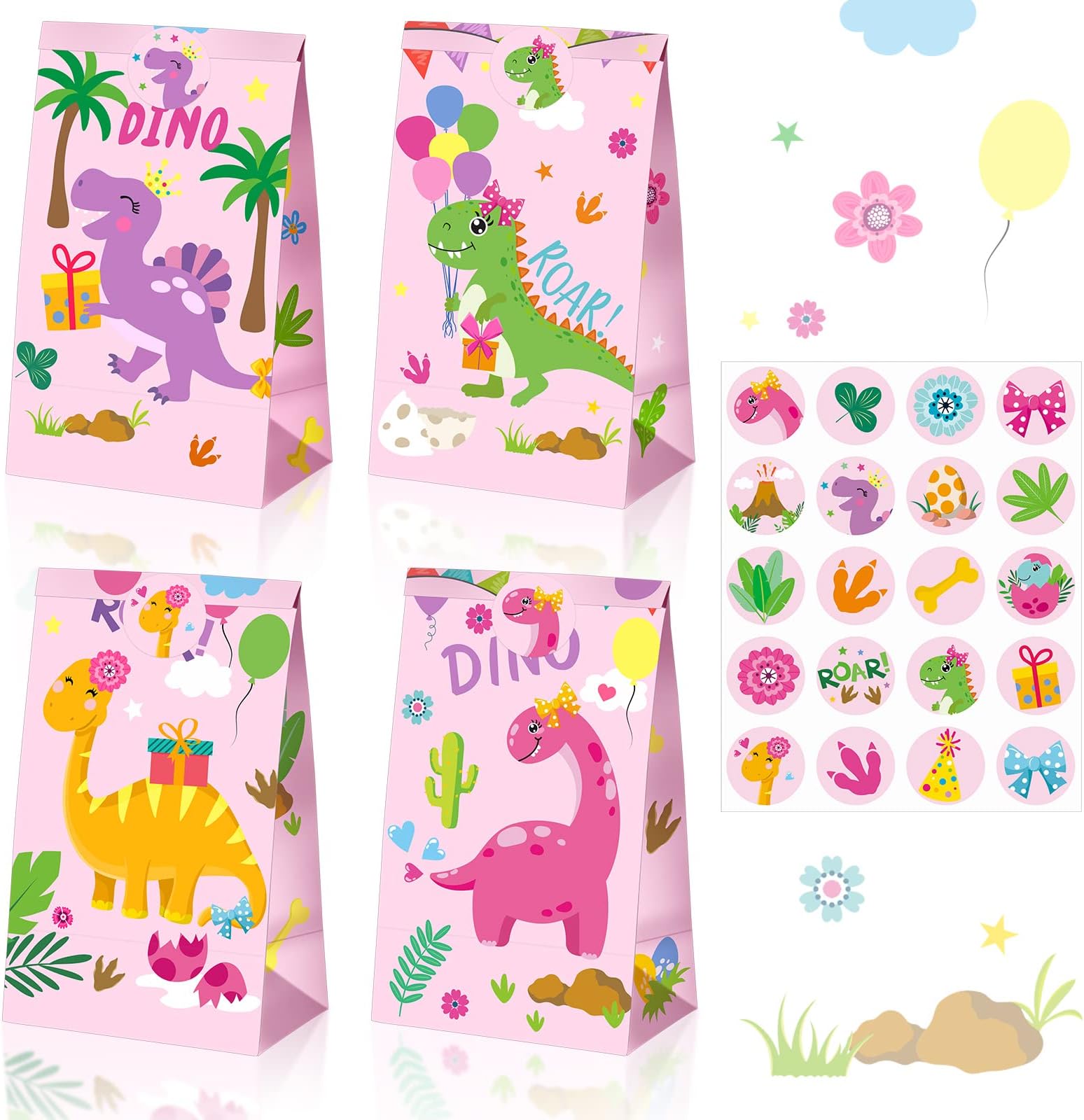 Pajean 24 Pieces Dinosaur Party Bags Dino Candy Favor Bags with Stickers Pink Goodie Treat Gift Bags for Kids Girls Dinosaur Birthday Party Supplies Decorations