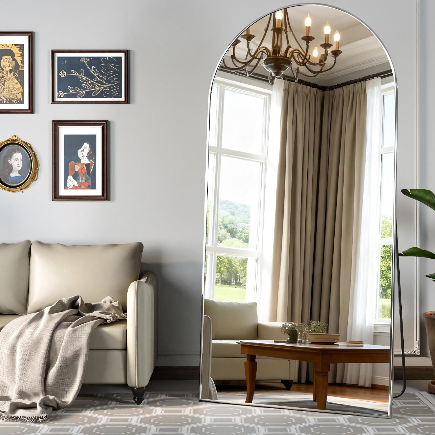 CASSILANDO Full Length Mirror 193X86cm Arched Floor Standing Mirror, Silver Full Body Mirrors Hanging or Leaning Against Wall, for Cloakroom, Bedroom, Livingroom (Silver)