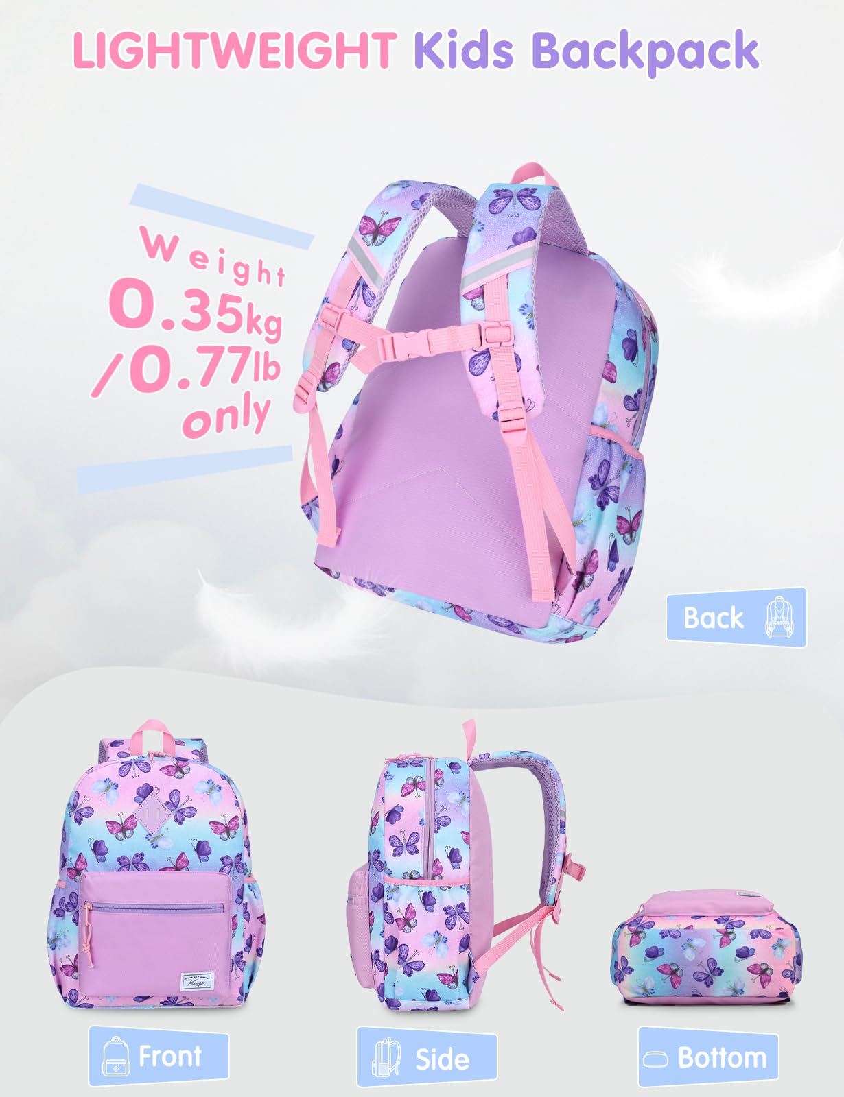 Cartable Fille Primaire, 13,2L Sacs à Dos Enfants Fille 6-8 Ans Imperméable Léger avec Sangle de Poitrine pour CP-CE2 Voyage Format A4 Papillon