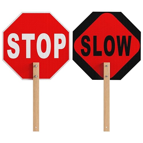 Stop Slow Sign, Double Sided Street Slow Warning Reflective Signs, 13x13 inch Octagon Rust Free Aluminum, with Bamboo Handle, UV Protected and Waterproof, Weather Resistant, Durable Ink, Easy to Mount