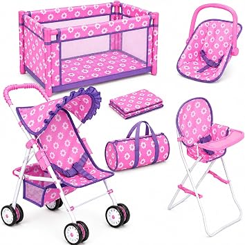Baby Doll Play Set Flower Design Includes Doll Crib Bed, Baby Doll Stroller, High Chair & Infant Carrier Seat, Baby Doll Accessories Pretend Play Doll Furniture Set Fits Up to 18 Inch Dolls