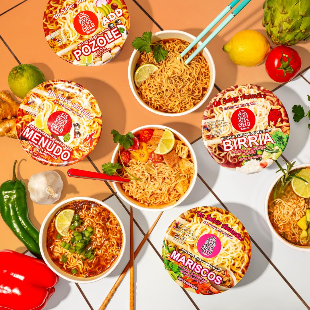 Birria Instant Ramen Noodle Soup, Authentic Mexican BirriaSopa, No Trans Fat, 9g Protein, Ready to Eat 3 Minute Meal, 6-Pack of 2.82oz Spicy Ramen Bowls