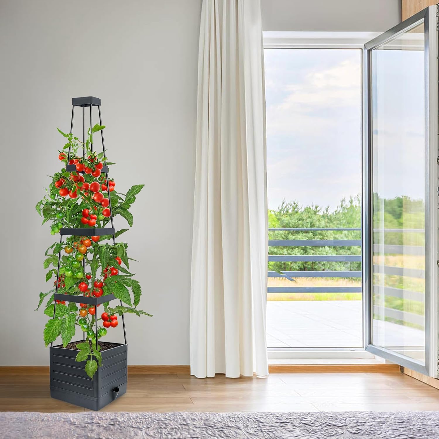 MYMULIKE Jardinière surélevée avec treillis, cage à tomates, lit de jardin surélevé avec treillis pour grimper, légumes, plantes, cage à tomates avec arrosage automatique, 25 x 25 x 150 cm (1, noir)