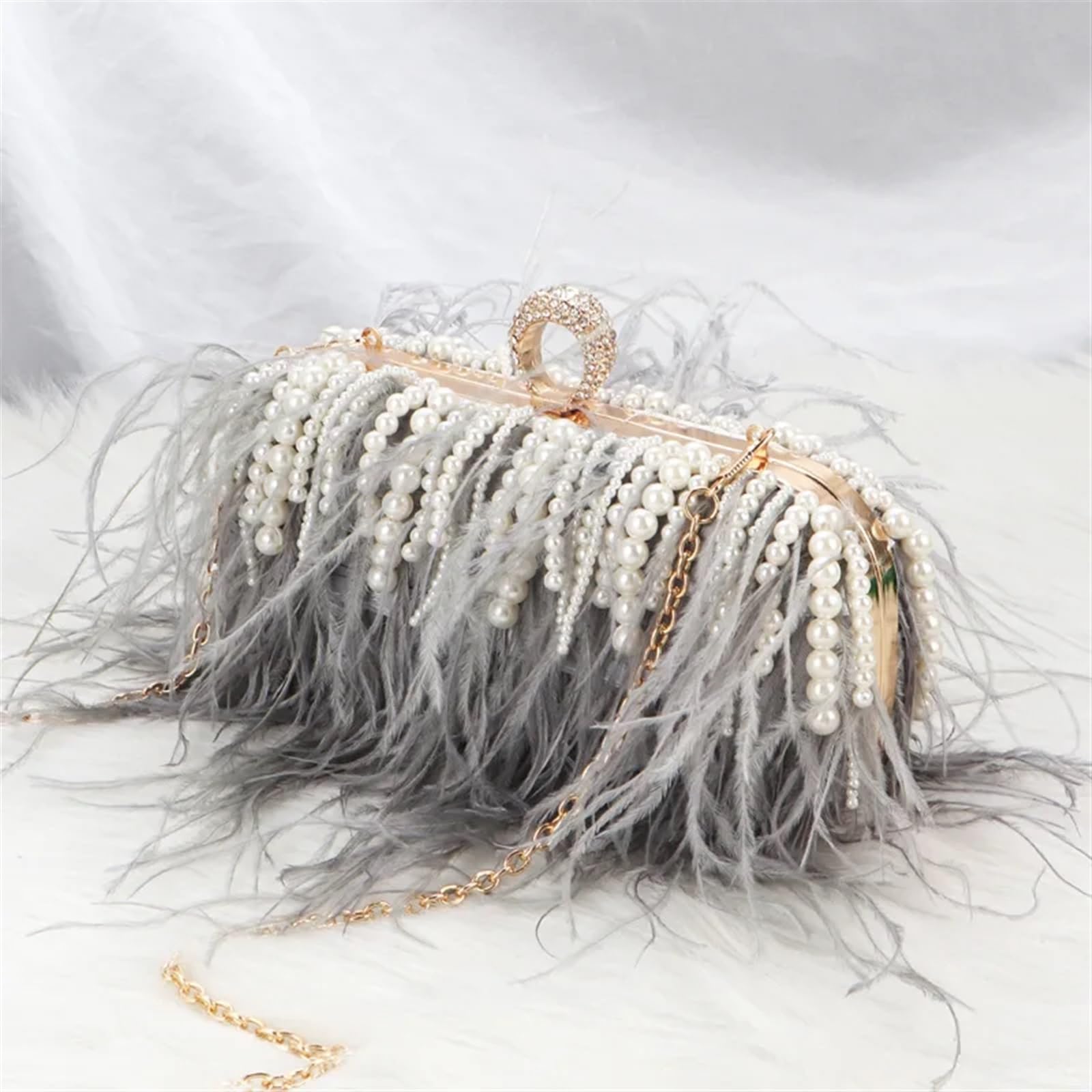 Borsa Piume Borsa a mano con piume di perle, borse da sera donna, borsa anello, pochette cena, festa, a tracolla per festa