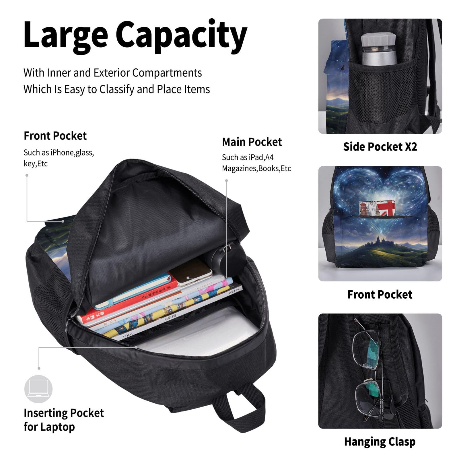 Zaino, borsa portapranzo, astuccio, set da 3 pezzi, per lavoro e