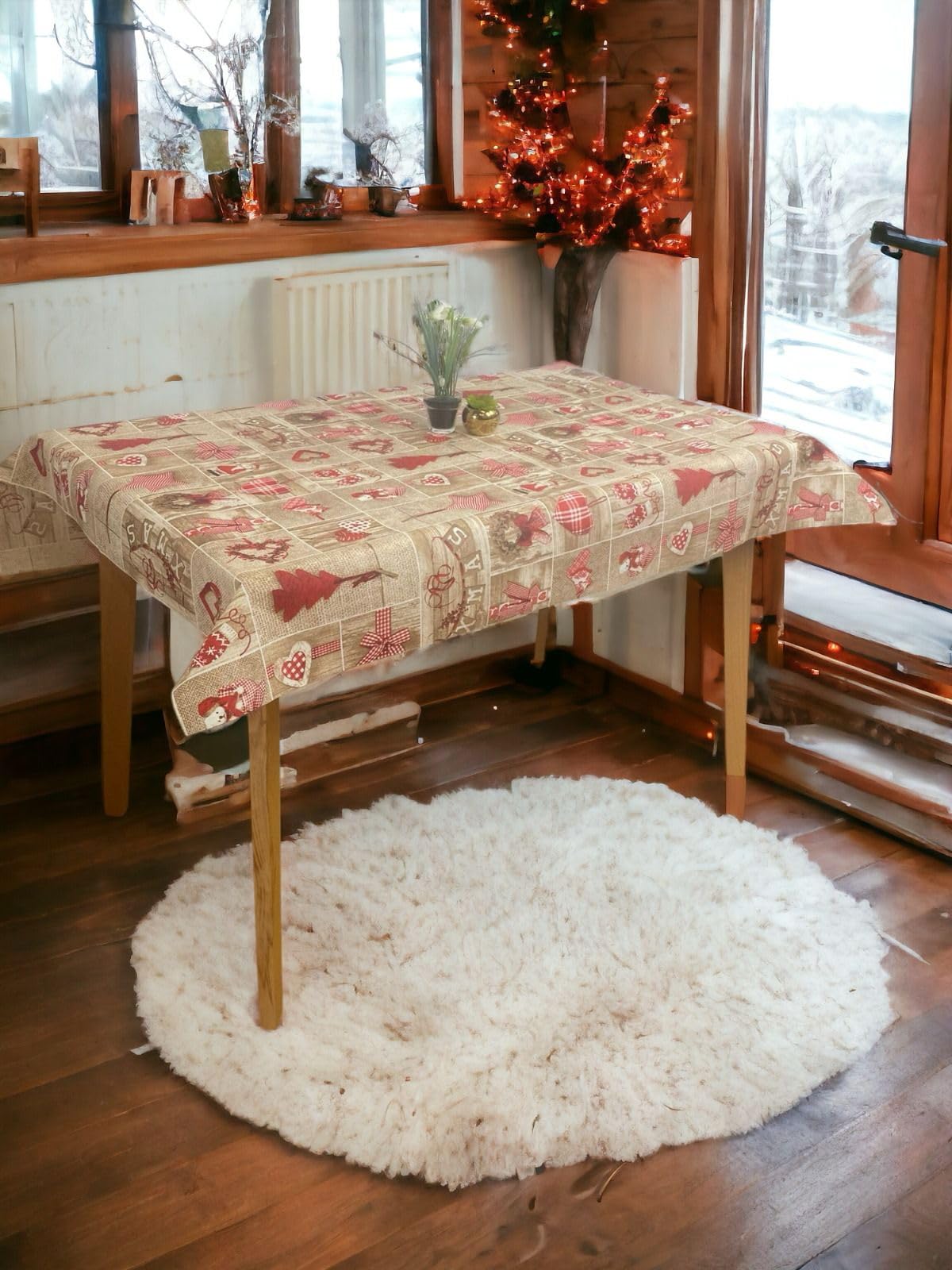 Mantel Tela resinada Impermeable Antimanchas para Mesa Rectangular, Cuadrada o Redonda de Motivos navideños - Happy Christmas (140_x_325_cm)