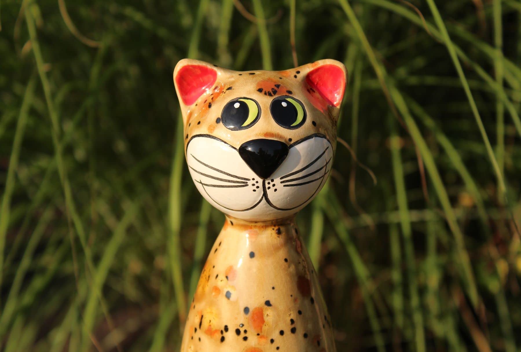 Gartenfigur Katze aus Keramik 30 cm Dekofigur getöpferte Gartendeko braun