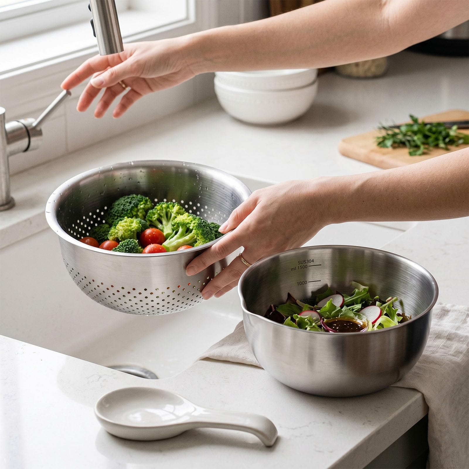 Fockety Juego de Cuencos Coladores de Acero Inoxidable, Cesta Multiusos para Lavar Frutas y Verduras con Gran Capacidad y Acabados Suaves, Colador de Metal para Escurrir Servir en la