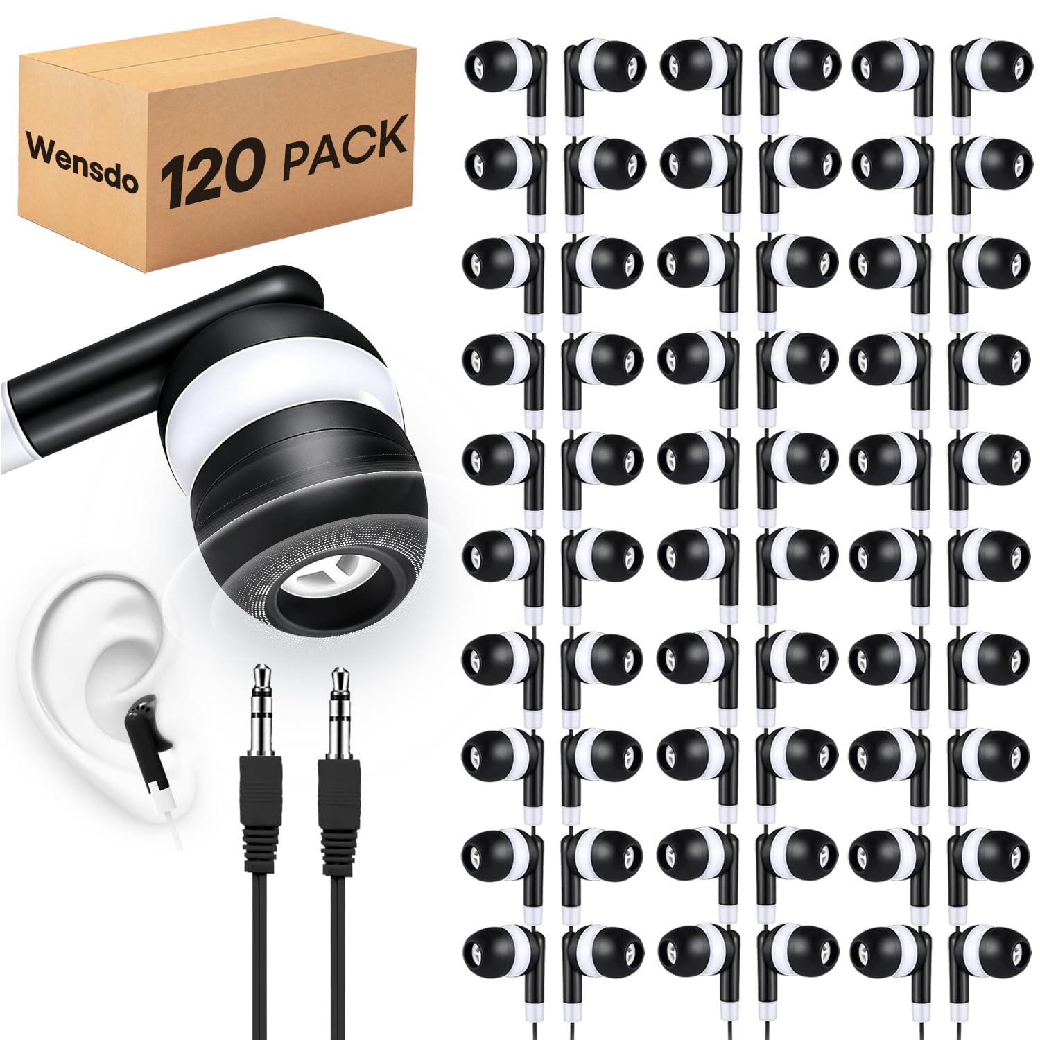 Bulk - Confezione da 120 auricolari cablati per studenti e studenti, con jack da 3,5 mm, per computer Chromebook, laptop, PC (HY01, 120, nero)