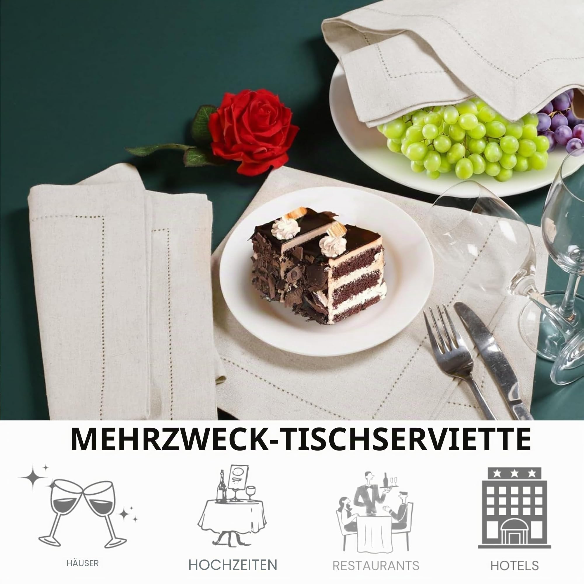 Flachs-Leinen-Baumwollstoff-Serviette mit Hohlsaum, 50x50 cm, natürlich, Hochzeitsservietten, Cocktailservietten, Stoffservietten, Baumwollservietten, maschinenwaschbare Servietten, 12 Stück