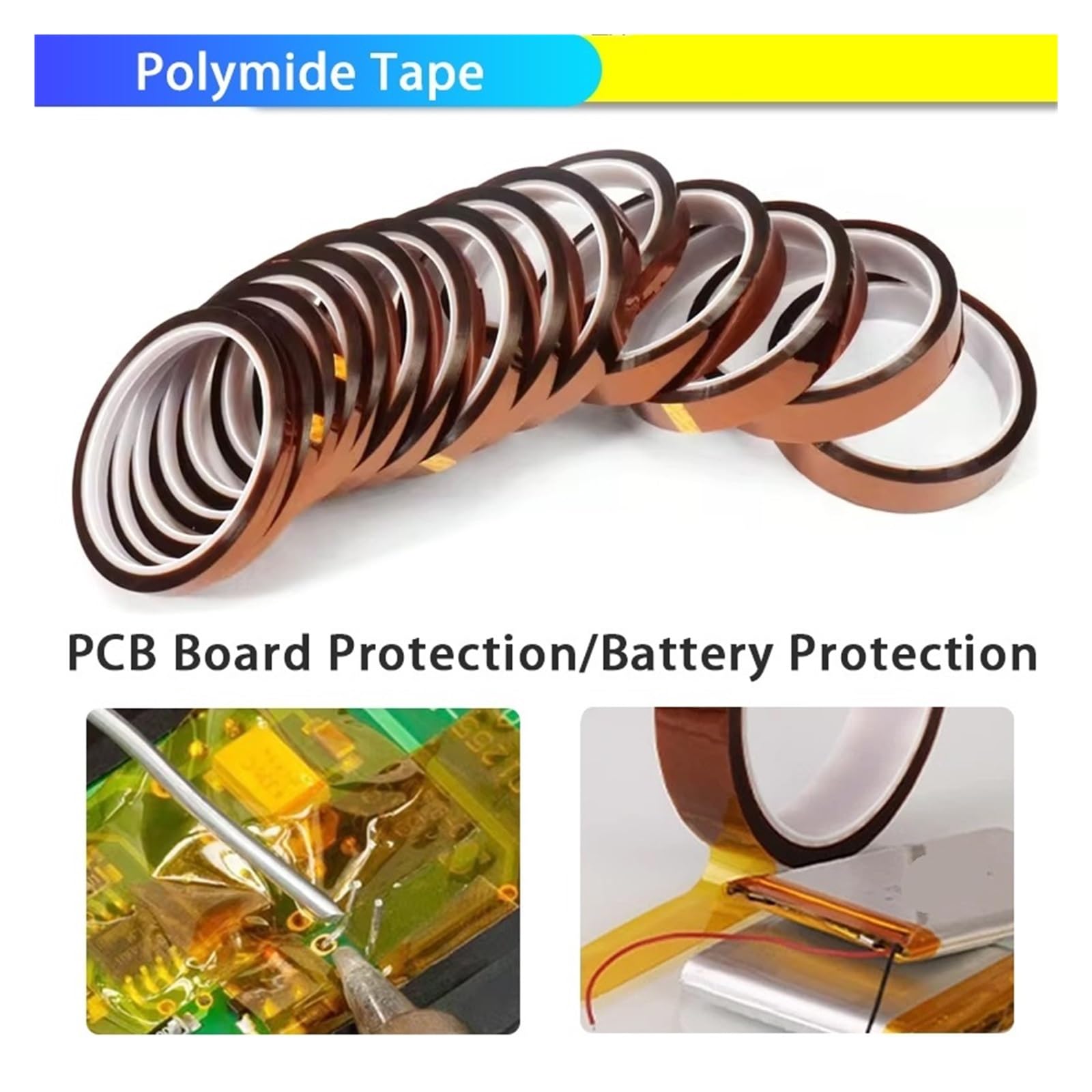 Cinta De Poliimida Ancho 3~100mm Adhesivo Resistente A Altas Temperaturas Protección Tablero Aislamiento Batería para Enmascarar, Soldar, Electricidad(5 rolls,33.0M_0.05MM_15MM)