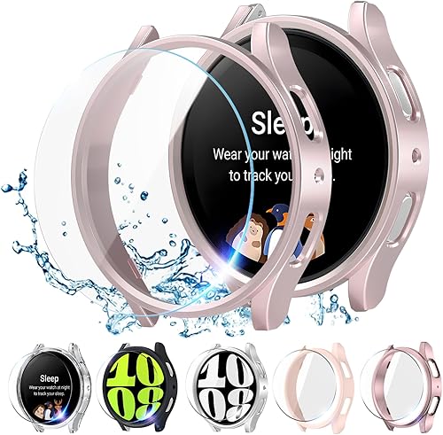 Protector de pantalla compatible con Galaxy Watch 7, 5+5 unidades Película protectora de vidrio templado HD y carcasa rígida de policarbonato para