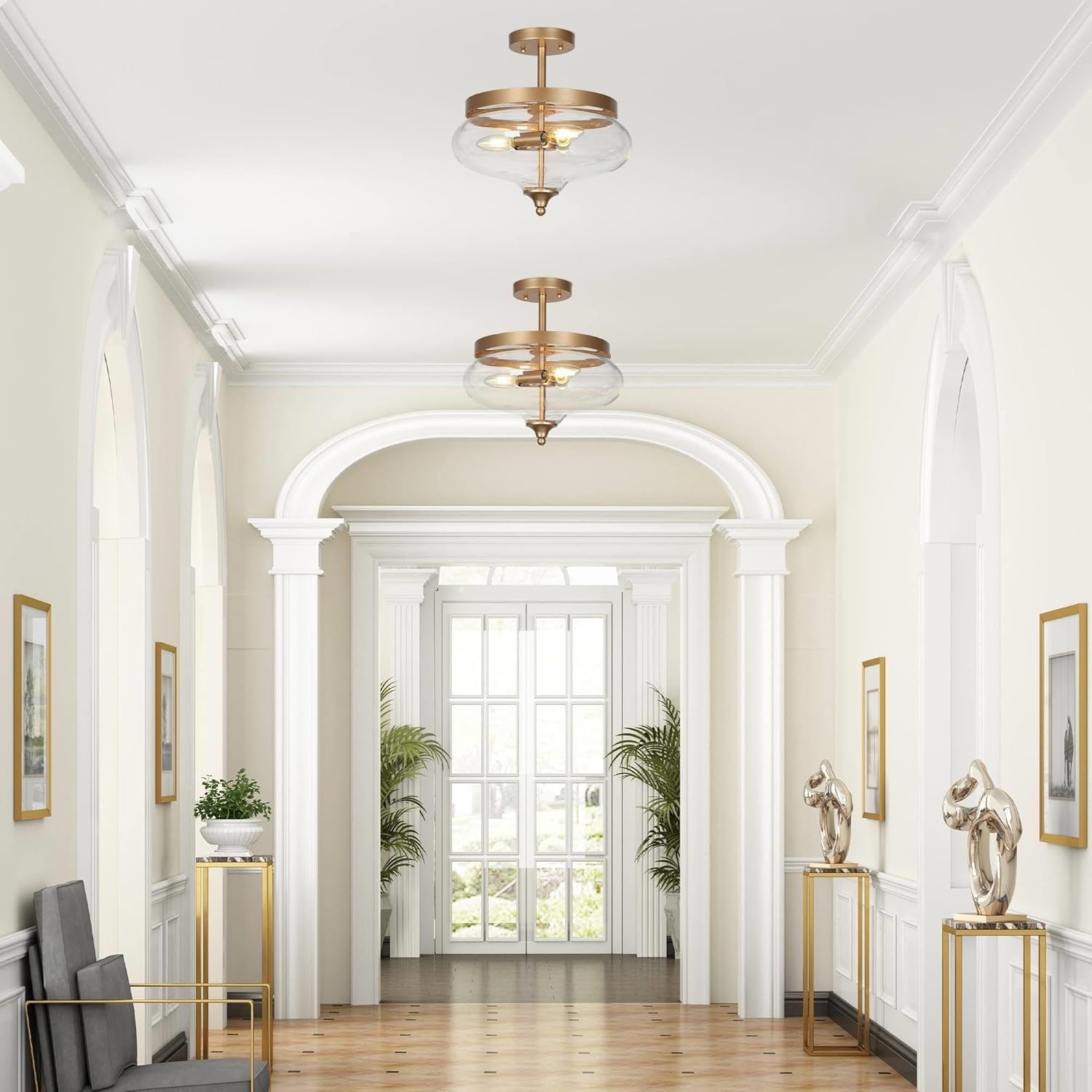 classy leaves Semi Flush Mount Ceiling Light, 3-Light Gold Close to Ceiling Light Fixtures Modern Ceiling Lights with Clear Bowl-Shaped Glass for Kitchen Hallway Entryway