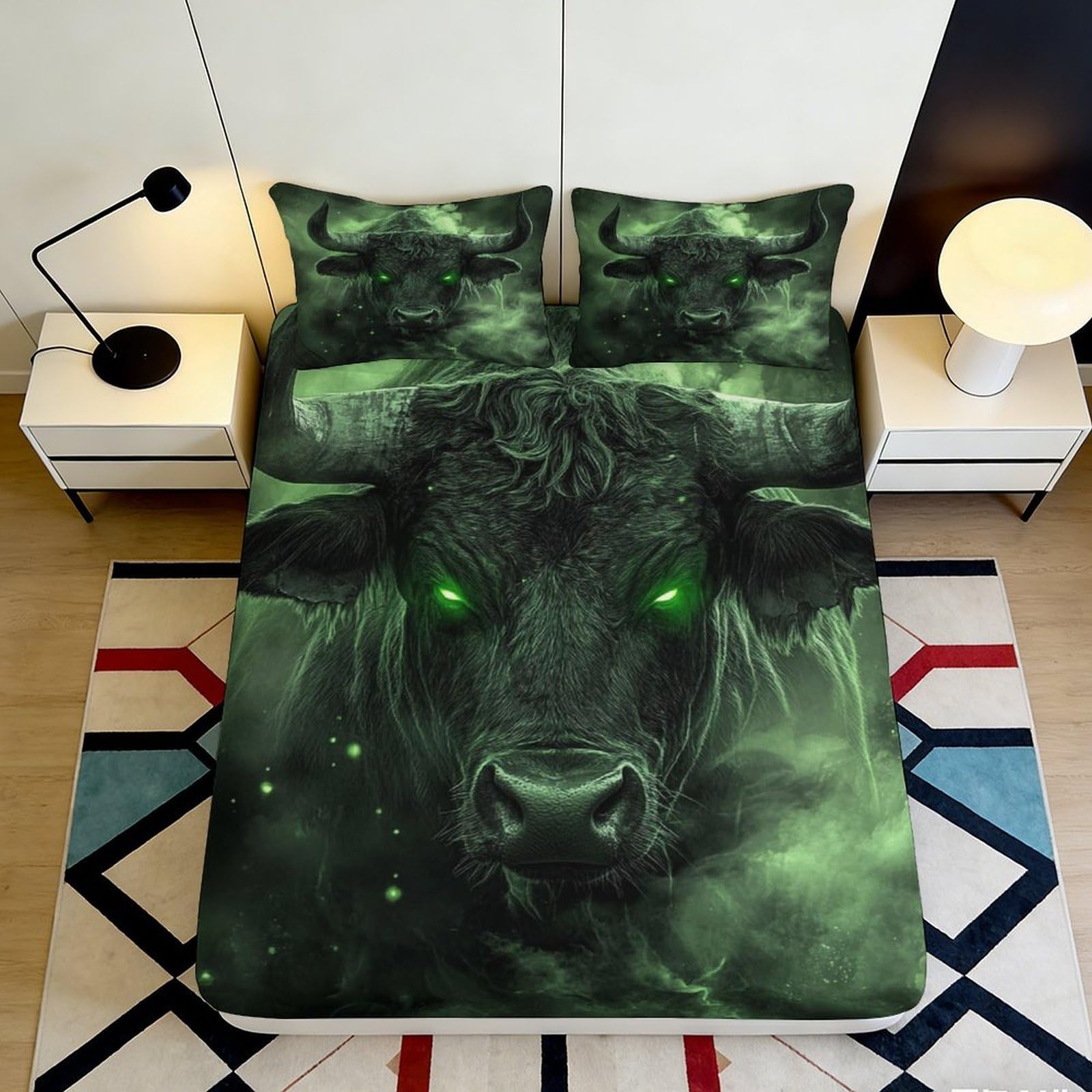 3D Printed Green Bull 3D Fitted Sheet Microfiber Soft Breathable Mystic Smoke Bed Cover for Bedroom Dormitory Guest Room Mattress Protection Decor 90x200x25cm