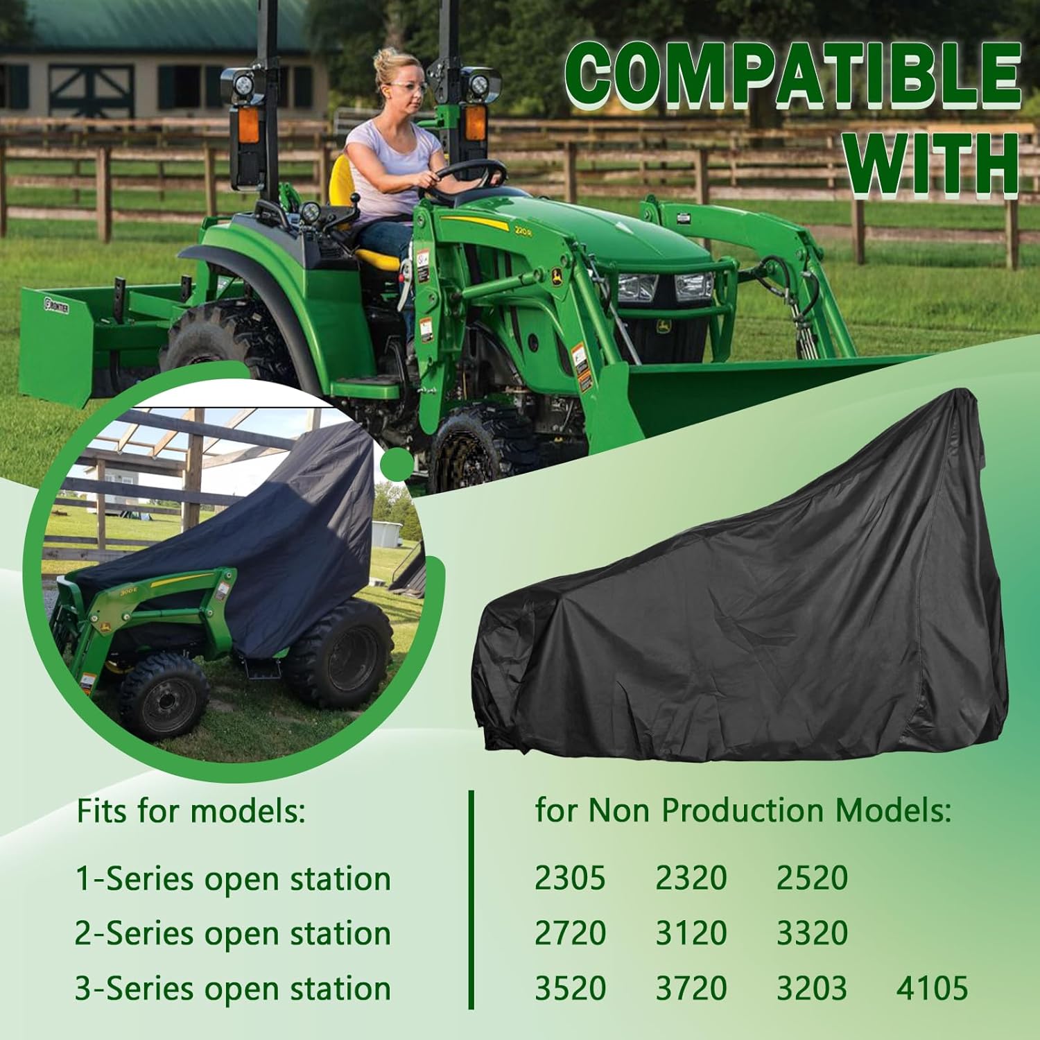 LP95637 Tractor Cover for John Deere Compact Utility Tractors 2320, 2520, 2720, 3120, 3320, 3520, 3720, 3203, 4105 Series | All-Season Protection, Oxford 330D Fabric, Waterproof, Weatherproof