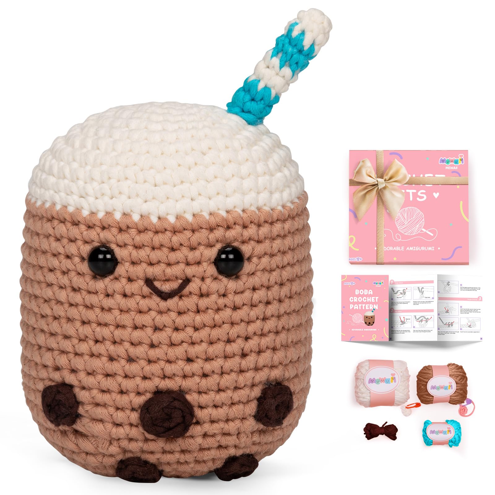 Mewaii Crochet Kit for Beginners, Complete DIY Crochet Kit Animals with 40%+ Pre-Started Tape Yarn Step-by-Step Video Tutorials for Adults and Kids (Boba), MEDO000CRO0625P0-A