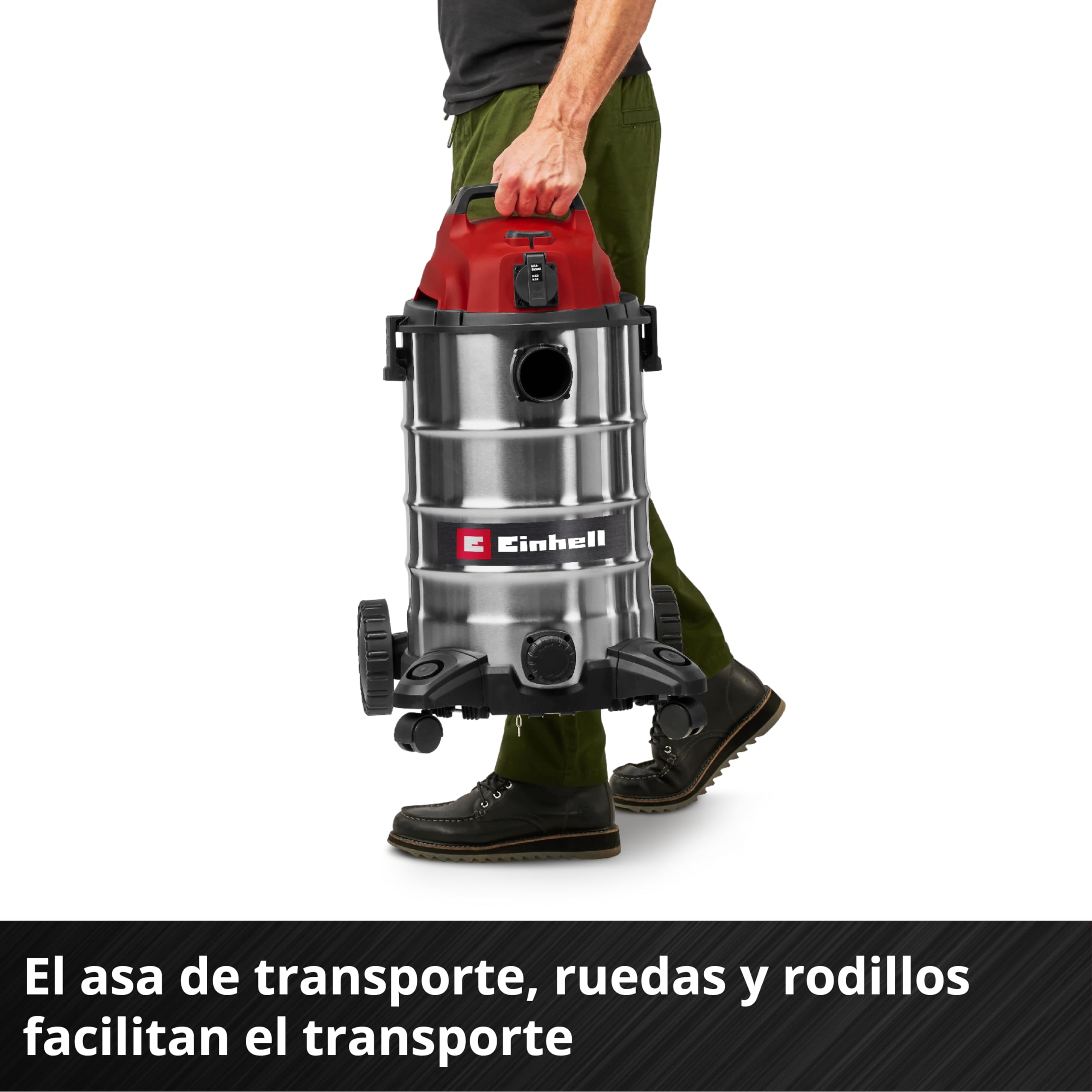 Einhell Aspirador en seco y húmedo TC-VC 3055 SA (900 W, 190 mbar, Toma automática, Recipiente de Acero Inoxidable 30 l, Ruedas y Rodillos, Incl. boquillas, filtros y Bolsa colectora de Suciedad)
