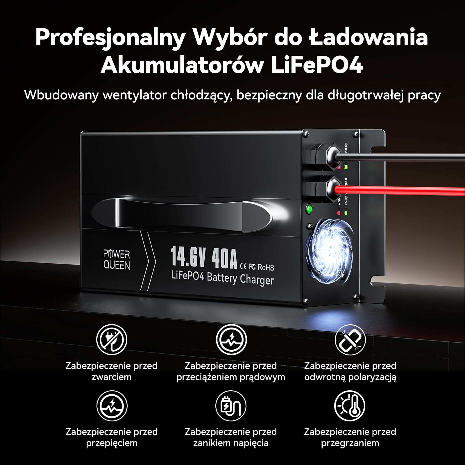 Power Queen 14,6V 40A LiFePO4 ładowarka do Akumulatorów LiFePO4 12V | akumulatorów AC-DC Smart Charger,z wyświetlaczem LED,wtyczką Andersona i włącznikiem/wyłącznikiem