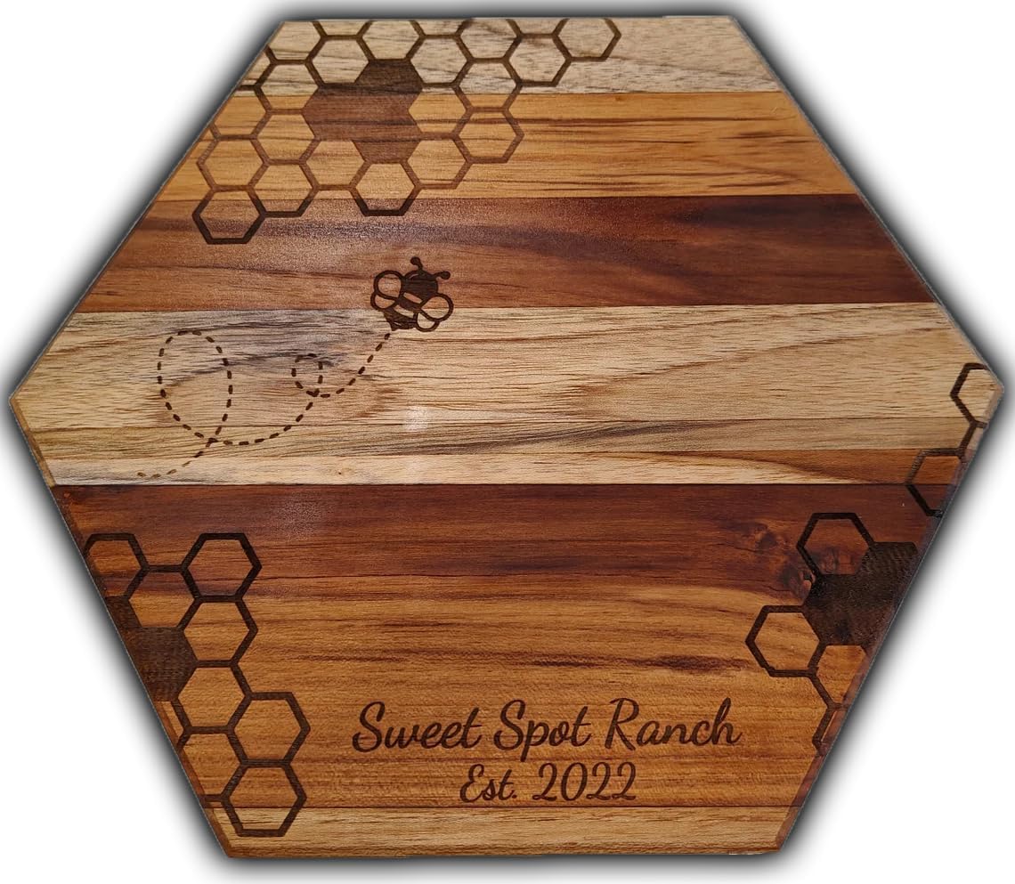 Personalized Honey and the Bee Engraved Hexagon Teak Cutting Board for Housewarming or Wedding Gift and Charcuterie Serving Honeycomb Solid Hardwood (Small (6"))