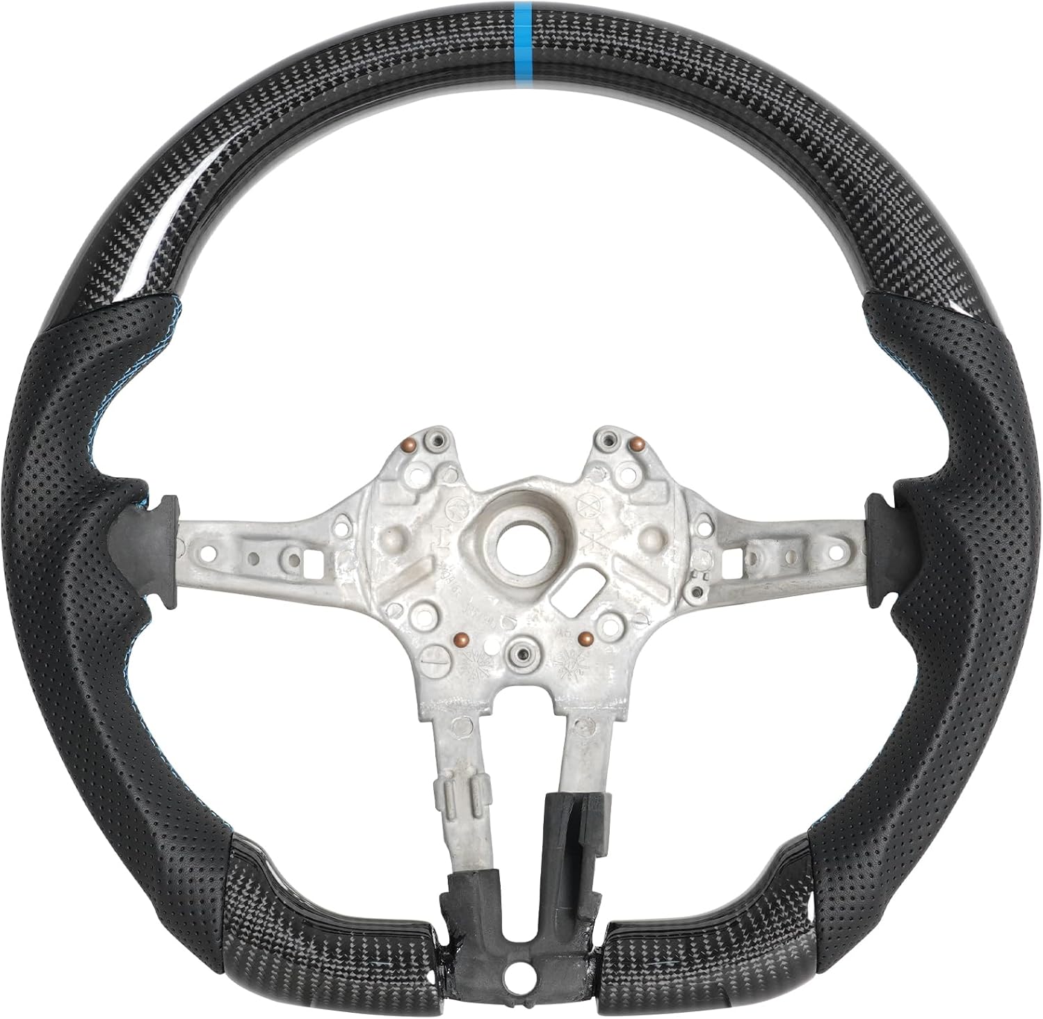 Carbon Fiber Steering Wheel for BMW 14-17 M5 F10 F12 F13 F30 F06 F07, Light Blue Stitching Light Blue Positioning Line D-Shaped Flat-Bottom with Nappa Perforated Leather
