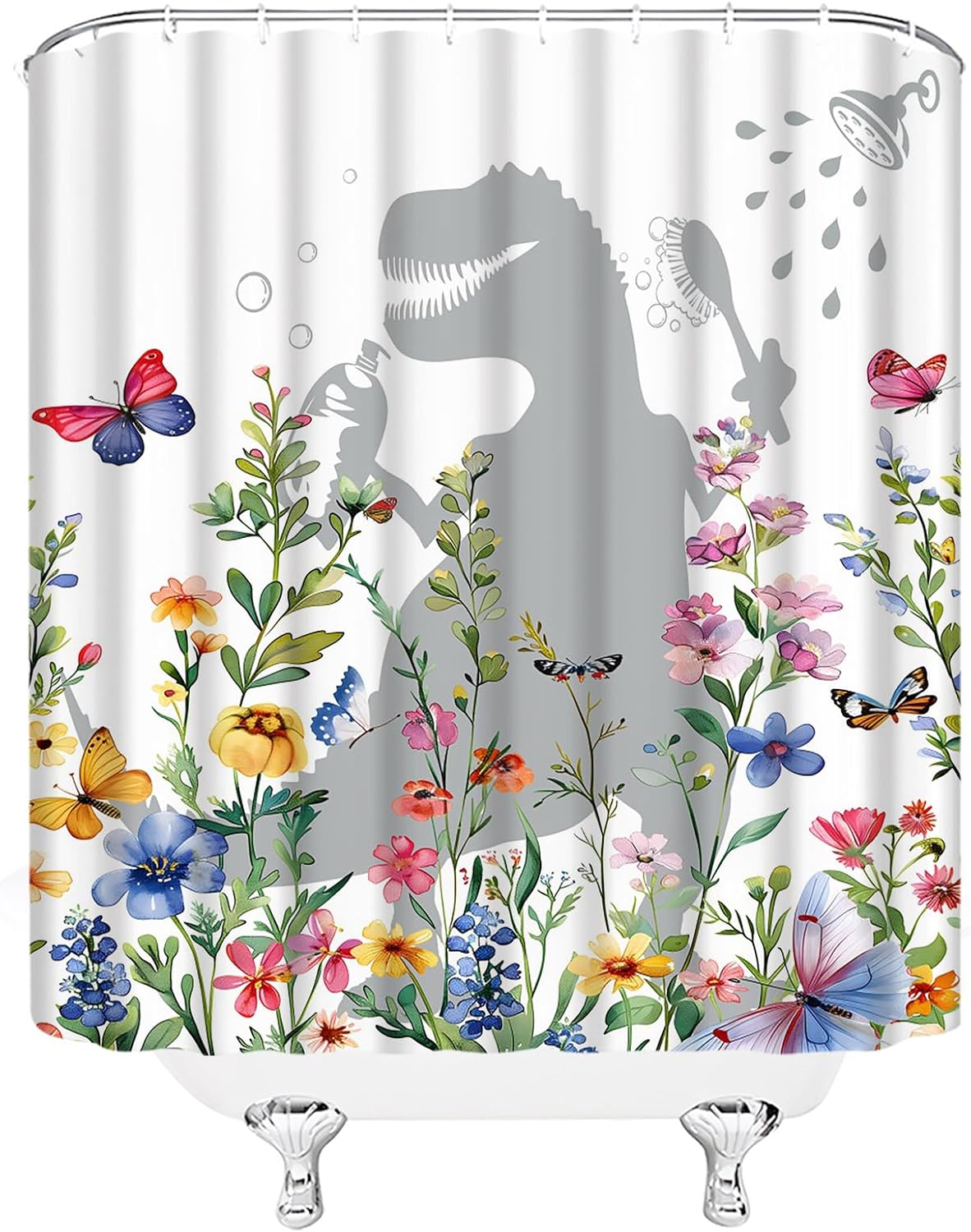 Floral Dinosaur Extra Long Shower Curtain Wildflower Funny Dino Rustic Boho Plant Leaf Gray Green Red Fabic with Hooks for Bathroom Decor,70x78 Inch