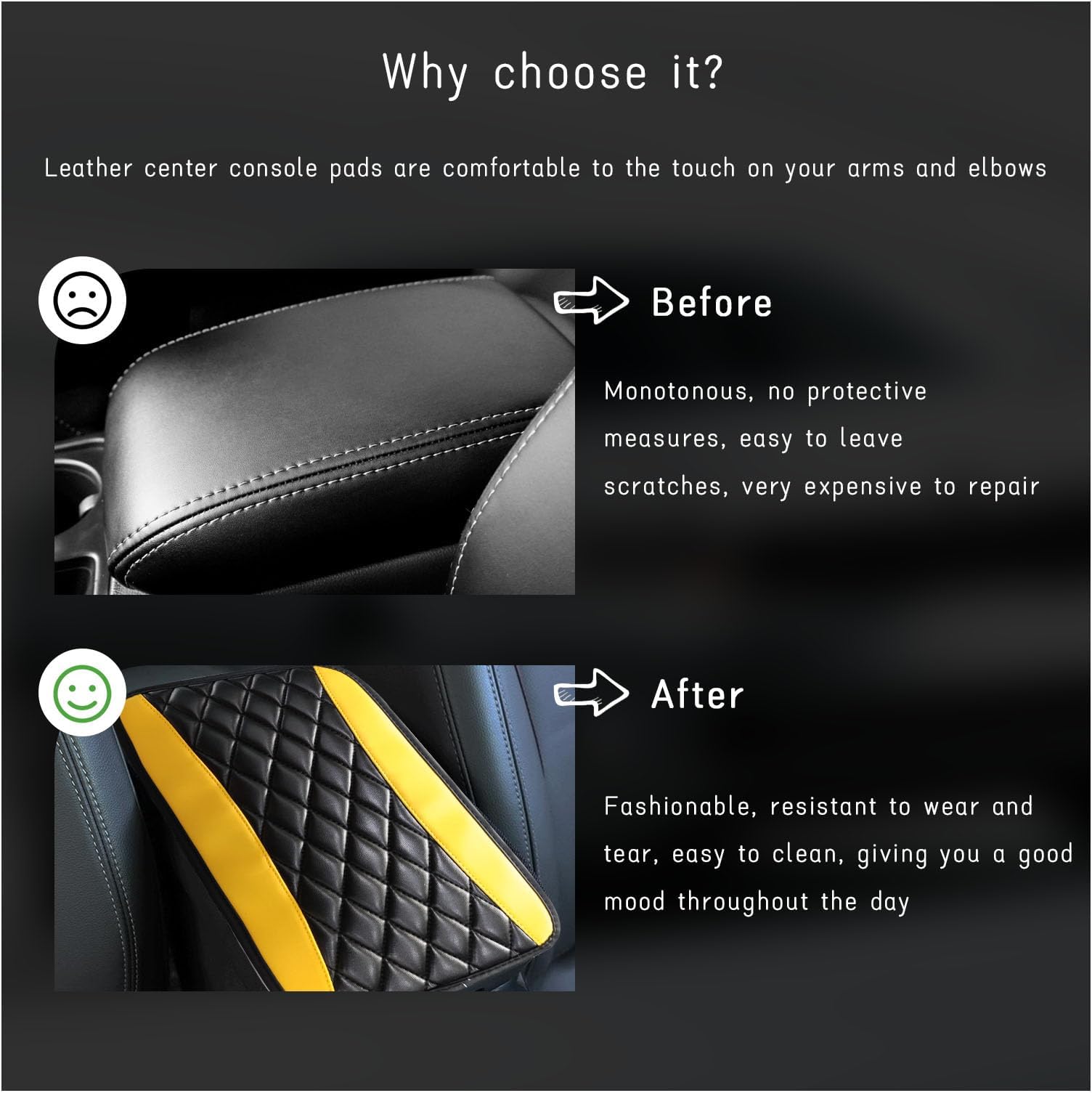 Car Center Console Cushion Pad, Universal Leather Waterproof Armrest Seat Box Cover, Comfortable Auto Armrest Cover Protector, Car Interior Decor Accessories for Most Vehicles (Black & Yellow)