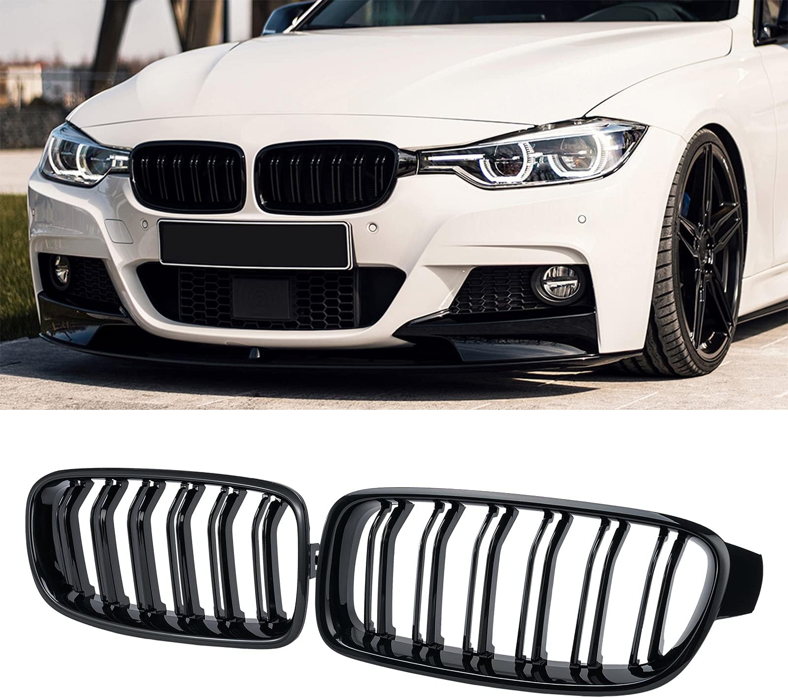 ABS F30 Grill, Front Kidney Grille for 2012-2018 BMW 3 Series F30 F31 (Double Slats Gloss Black Grills, 2pcs)