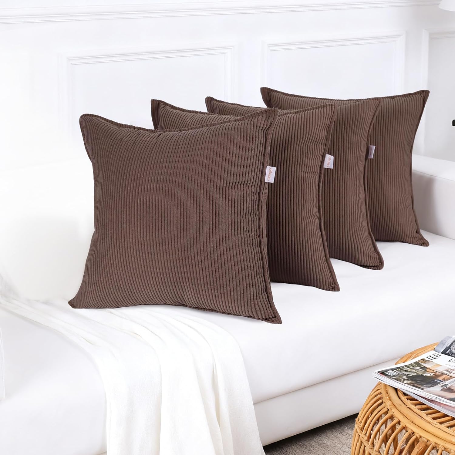 Throw Pillow Covers Corduroy Pillowcase Set of 4, No Inserts| Thick Spring Spring Winter Decorative Soft Couch Shams Square Pillow Cases for Sofa Bed Living Room(Khaki Brown, 20"x20")