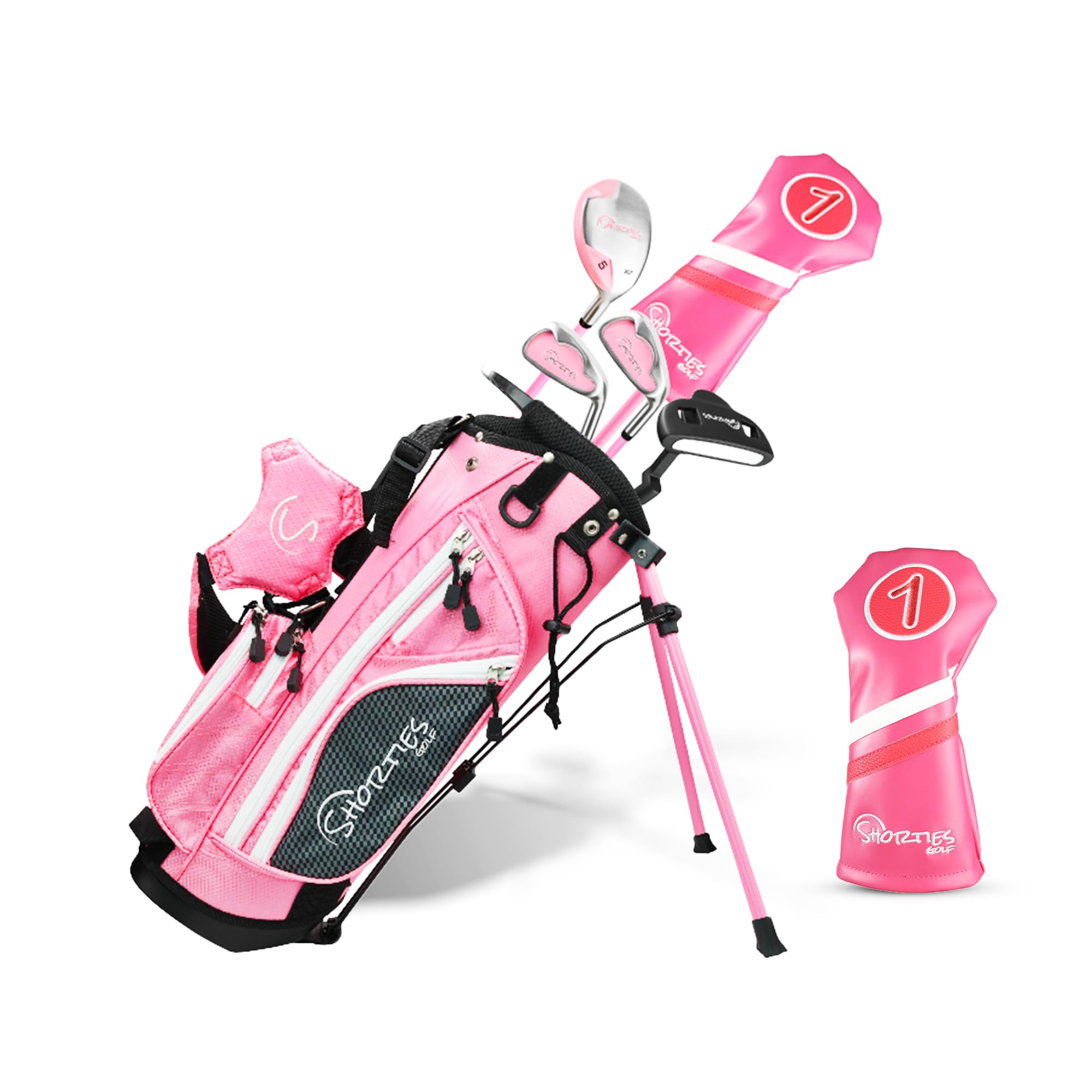 Shorties Golf - Mini Kids Golf Club Set | Perfect for Junior Golfers, and Kids 42"-46" Tall | EasyCarry Stand Bag | Driver, 30-Degree Hybrid, 7-Iron, Pitching Wedge, Putter | Pink Right Orientation