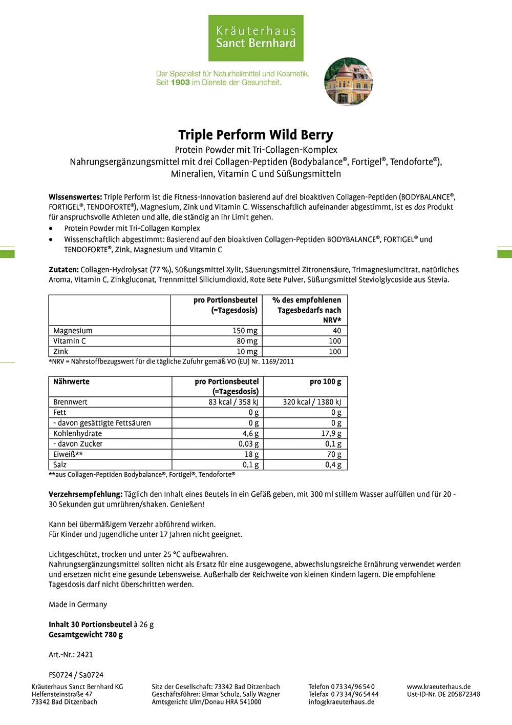 Triple Perform® Kollagen Pulver Wild Berry (90x 26g) im Sachet | Protein Pulver mit bioaktivem Tri-Collagen Komplex | Collagen Peptides | Zink, Magnesium, Vitamin C & Kollagen Peptide