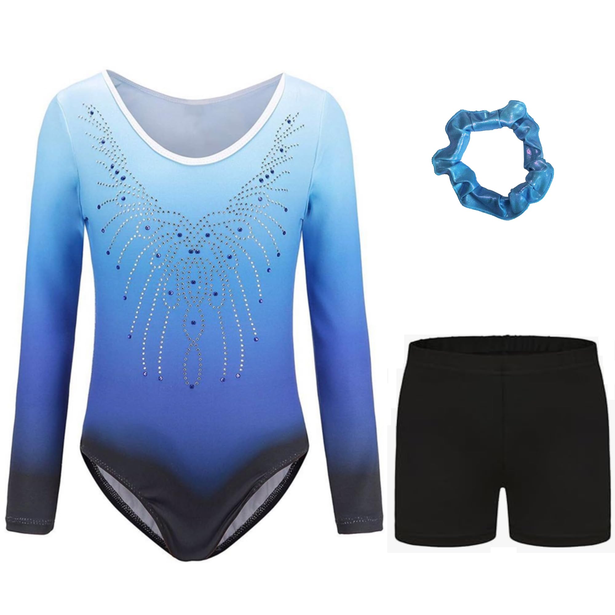 Justaucorps de Gymnastique pour Filles Trois Pièces Maillots de Gymnastique Gymnastique à Manches Longues avec Short et Bandeau Ballet Dancewear