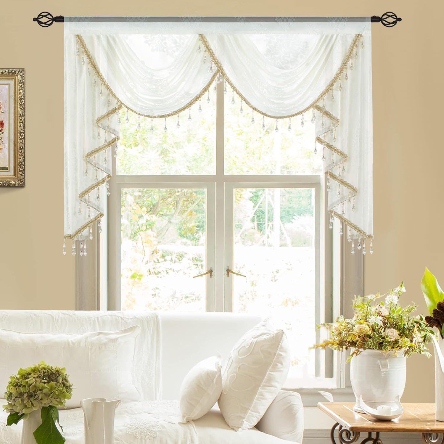 VOGOL Damask Jacquard Valances for Windows, Wrinkle Free Sheer White Waterfall Valance with 2 Swags, Luxury European Beads Curtains Perfect for Bedroom, Dining Room, 1 Panel, W59 x L43