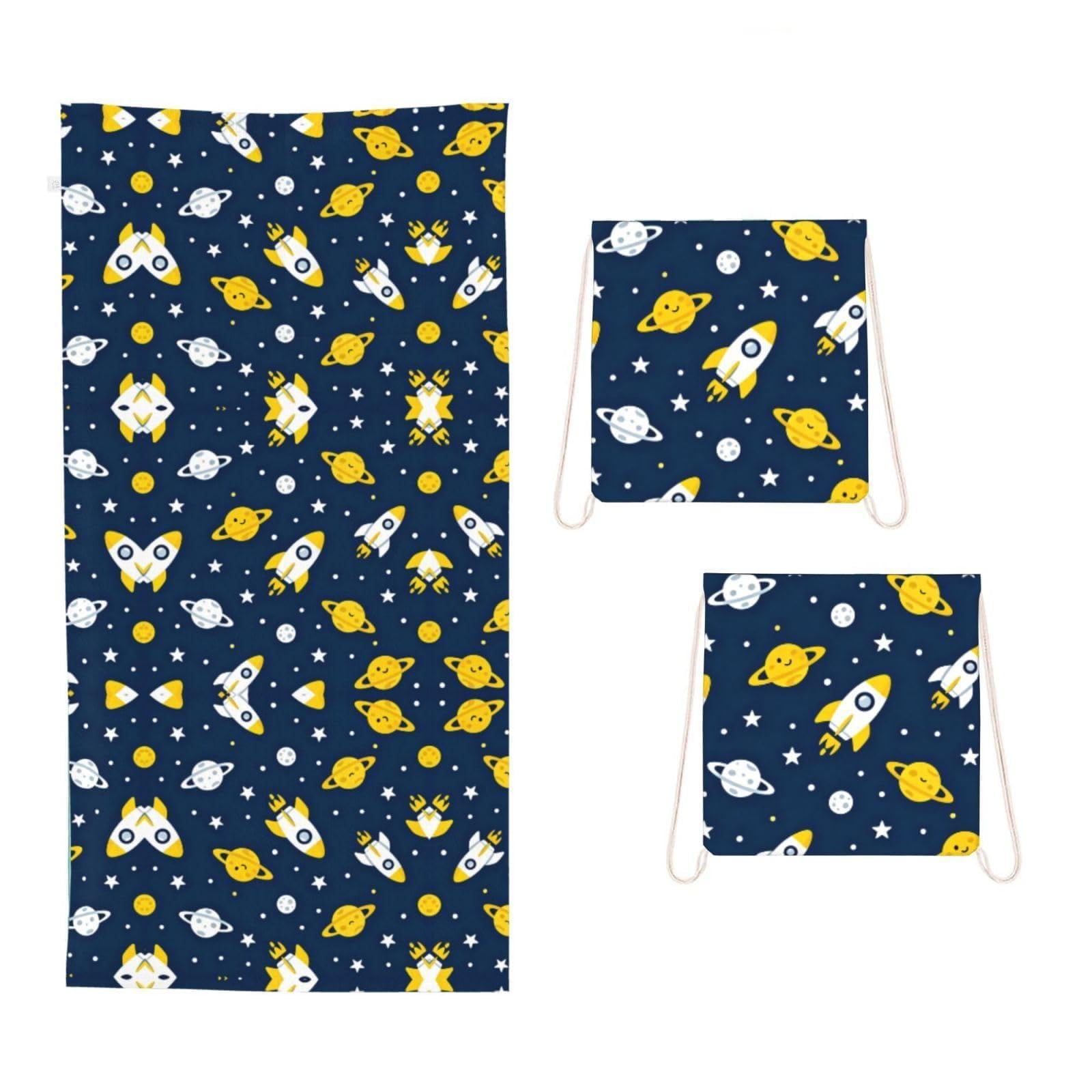 CNTDBU rockets and planets 2 in 1 Packable Towel Bag-Large Beach Towel with Stuff Sack, Super Absorbent Microfiber Travel Towel for Pool