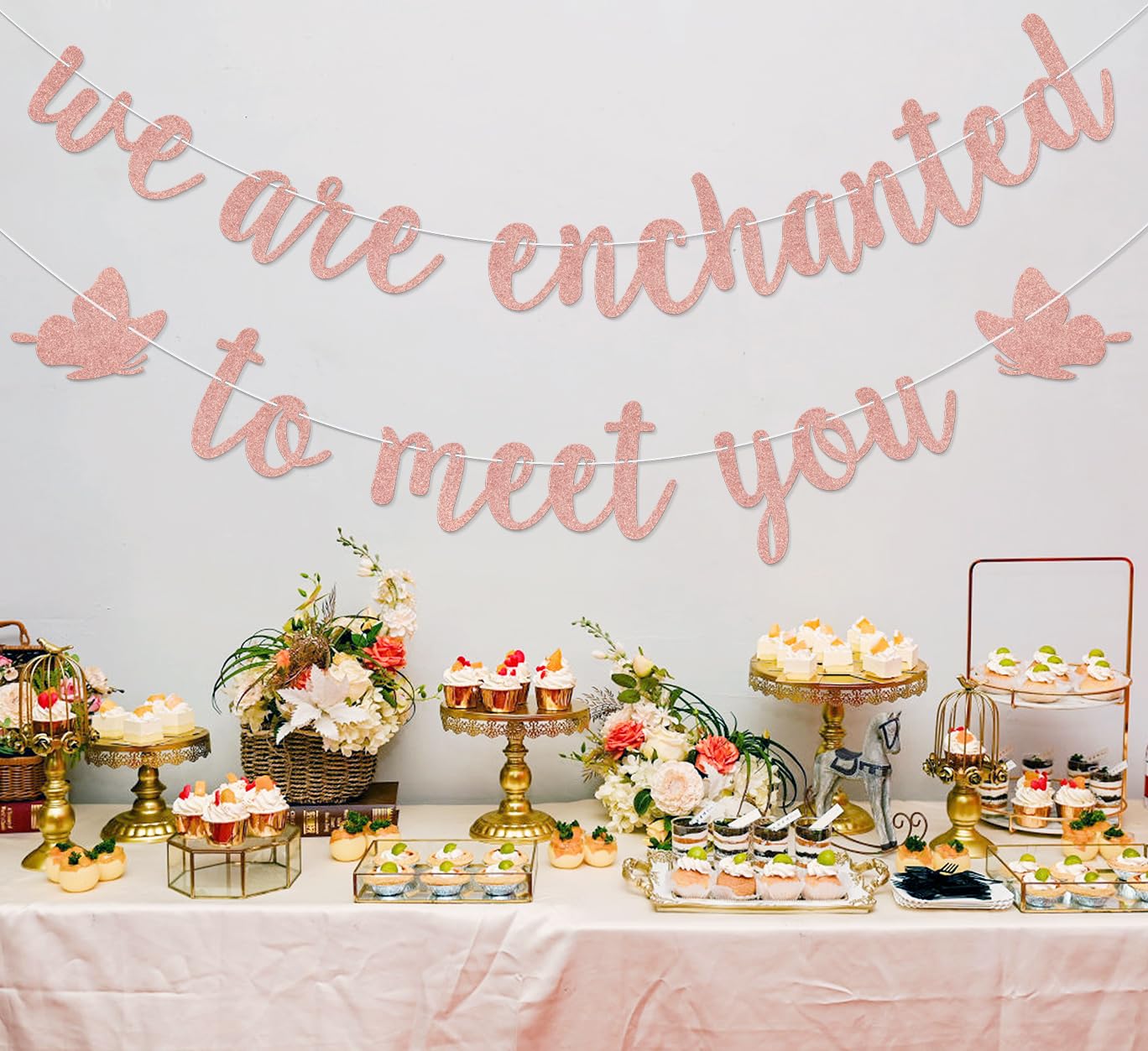 We are Enchanted to Meet You Banner - A Sweet Little Girl is on Her Way Baby Shower Gender Reveal Party Decorations Rose Gold - Image 4