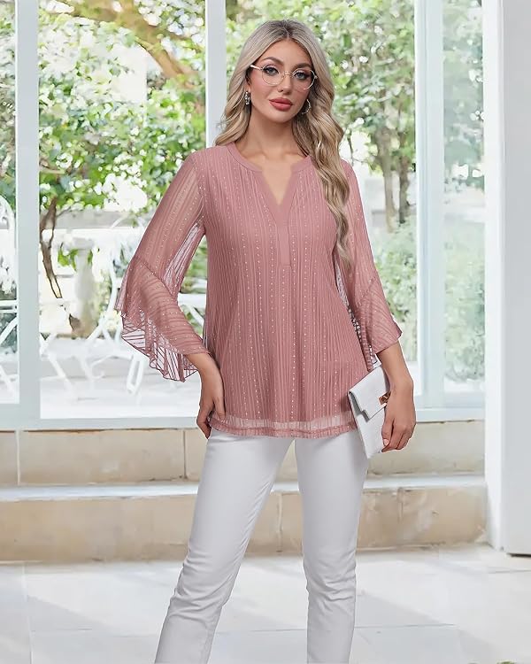Lotusmile Womens Tops Dressy - Dressy Blouses for Women Elegant Sparkly Tops for Wedding Evening Party - Flattering Soft & Lightweight V Neck Pink Blouses for Women Dressy Casual by Lotusmile - Used condition - Image 6