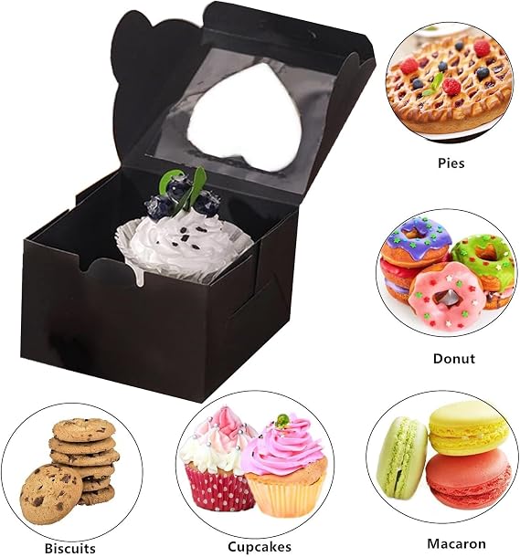 50 PCS Mini Bakery Boxes - 4x4x2.5 Inch - Windowed - Perfect for Cupcakes, Donuts, Strawberries, Muffins (Black)