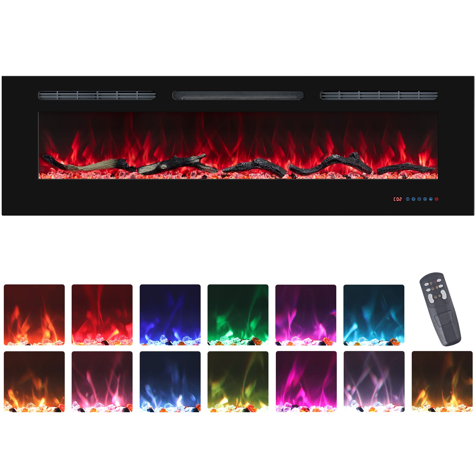 Chimeneas eléctricas de 65 pulgadas, calentador de chimenea empotrado y montado en la pared con termostato, llamas multicolores, temporizador, troncos y cristal, 750/1500 W, negro