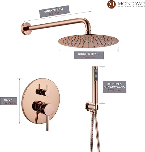 Miniatura 6 de MONDAWE Juego de grifo de ducha montado en la pared de 10 pulgadas en oro rosa, cabezal de ducha de lujo y ducha de mano con rociador, sistema de