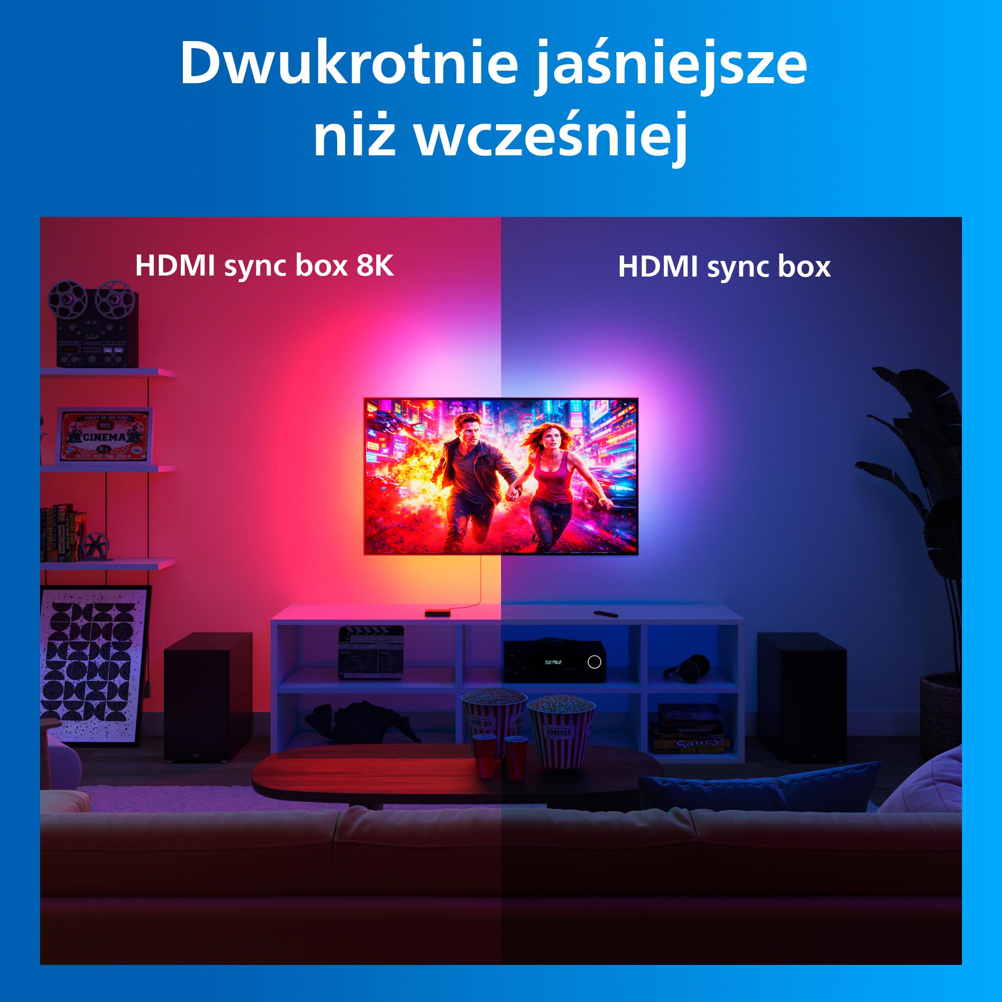 Philips Smart Lighting HDMI 2.1 Sync Box 8K z Podświetleniem TV 55"–65", Taśma LED RGBIC, Ultra Szybkie Odświeżanie, Personalizowane Oświetlenie, Łatwy Montaż, TV, Filmy, Gaming