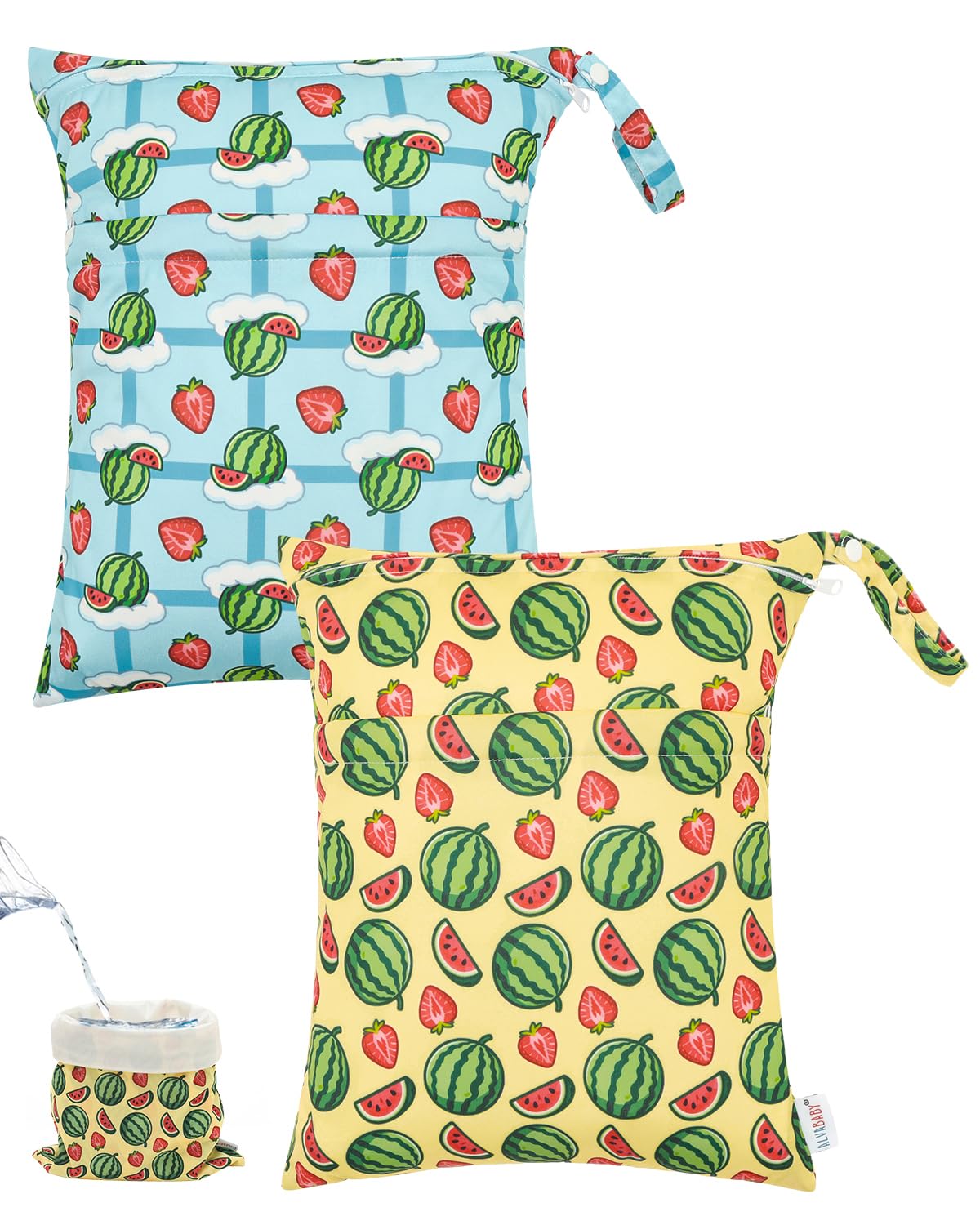 ALVABABY 2pcs Waterproof Wet Dry Bags,Reusable with Two Zippered Pockets,Baby Cloth Diaper,Travel,Beach,Pool,Daycare,Soiled Baby Items,Yoga Gym Bag,Swimsuits or Wet Clothes 2LW06