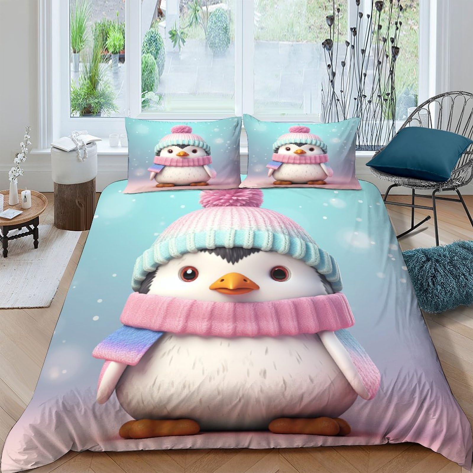 Housse de couette pingouin en microfibre respirante et super douce 3 pièces lit double