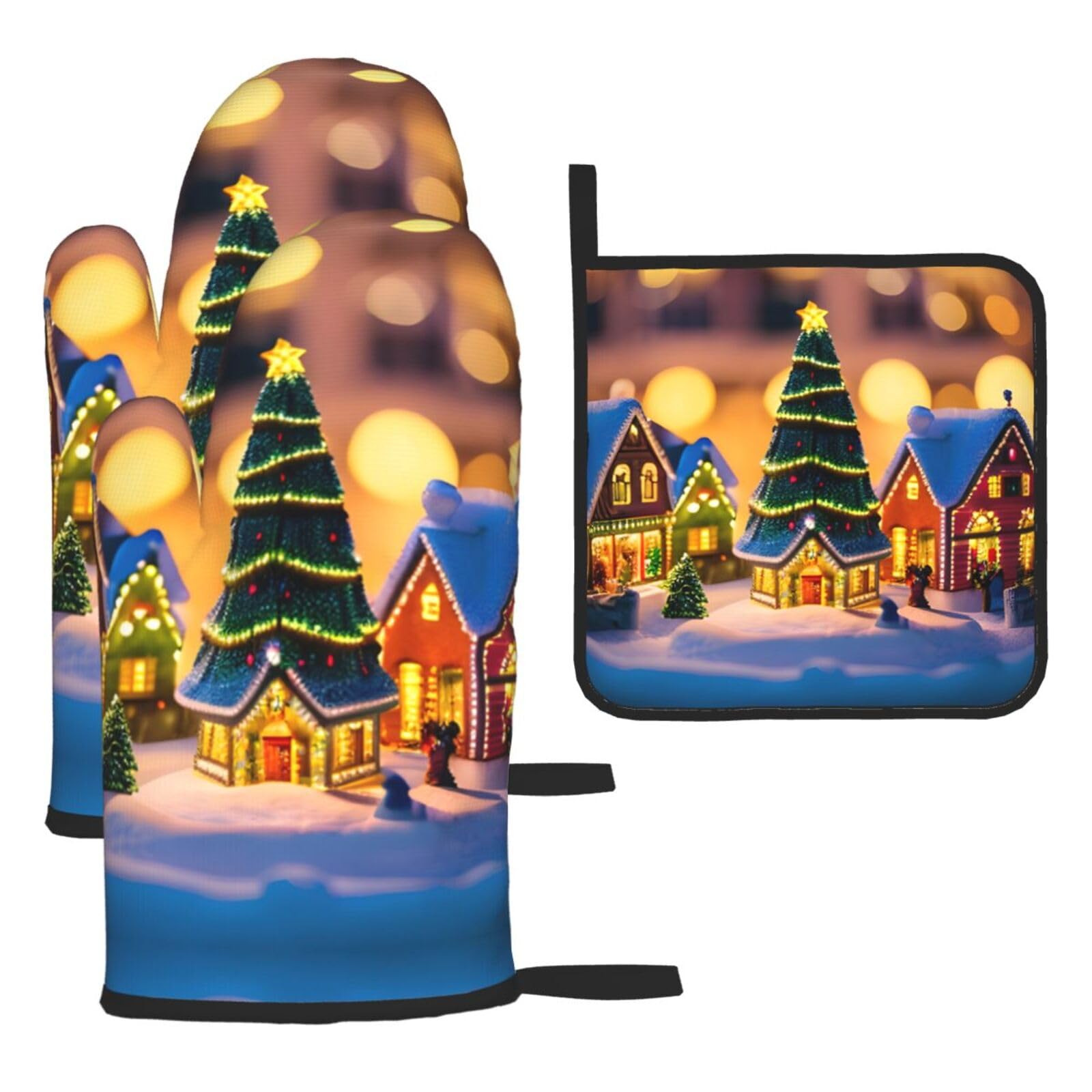 Christmas Village Print Oven Mitts and Pot Holders,Non-Slip Pot Holders for Kitchen,Thick Potholders for Baking Grilling