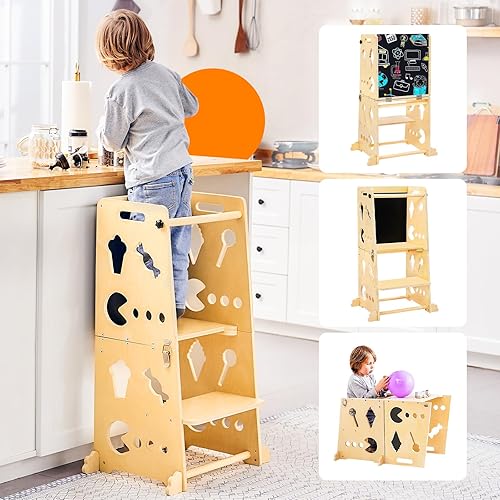 Miniatura 1 de Amoveo Torre para niños pequeños, 4 en 1 plegable taburete de cocina para niños, torre de pie de madera de aprendizaje para niños pequeños con