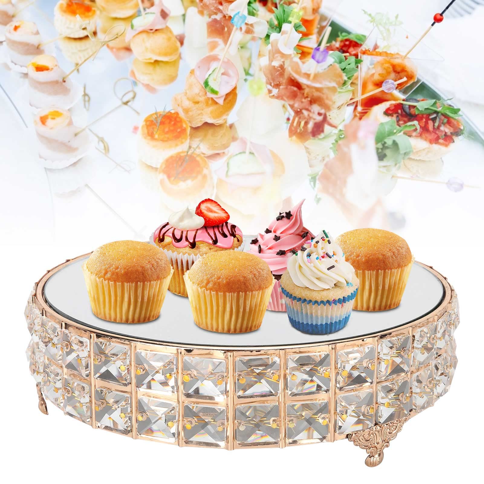 Alzata per torta con specchio di cristallo, per matrimoni, dessert, cupcake, vassoio per torte, decorazione da tavolo, display rotondo con glitter per compleanno (Ferro+cristallo+vetro)